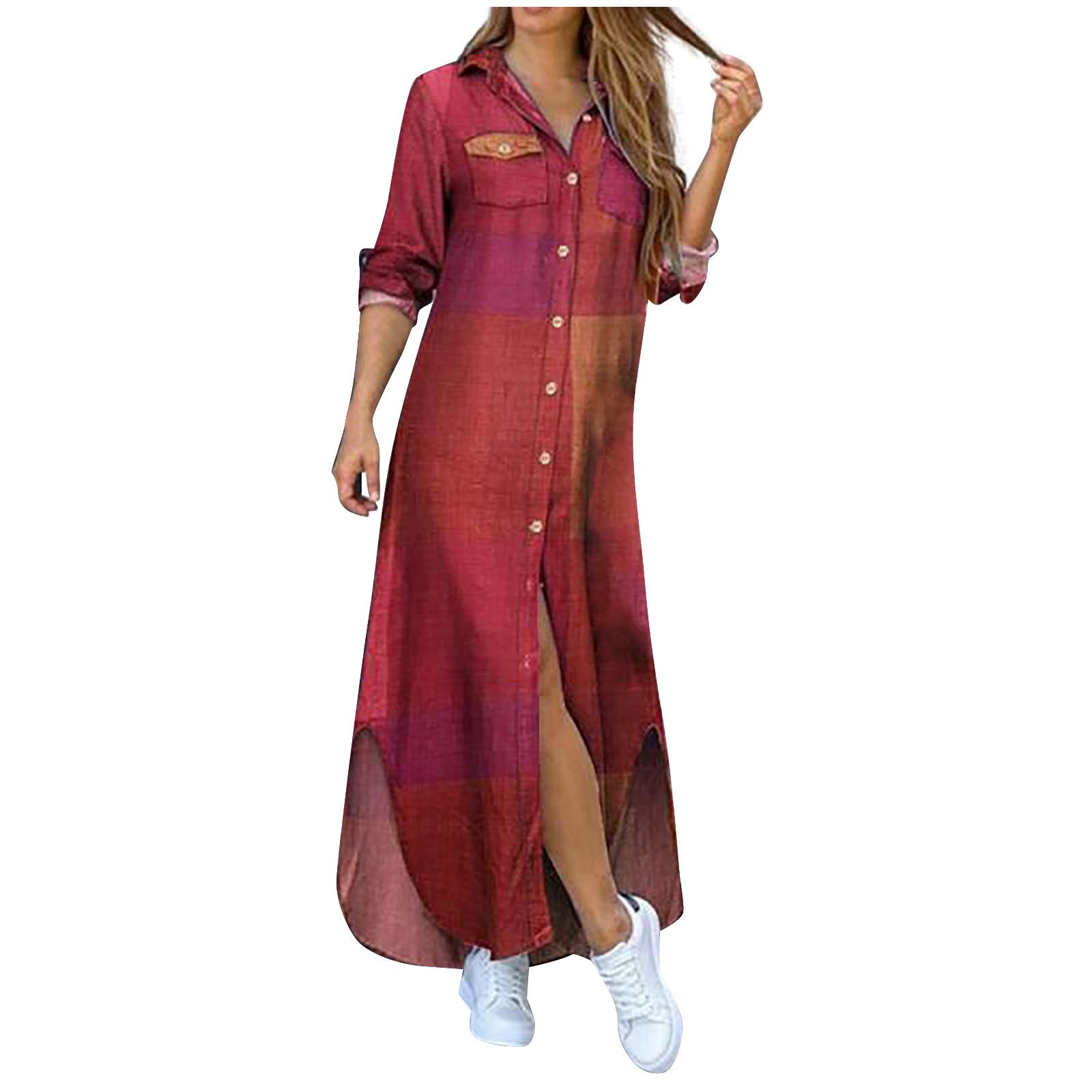Women's Button Down Long Sleeve Shirt Dress with Pocket - Loose Fitted Flowy Maxi Dress for Casual Wear | Perfect for Office, Date Night & Summer Outings