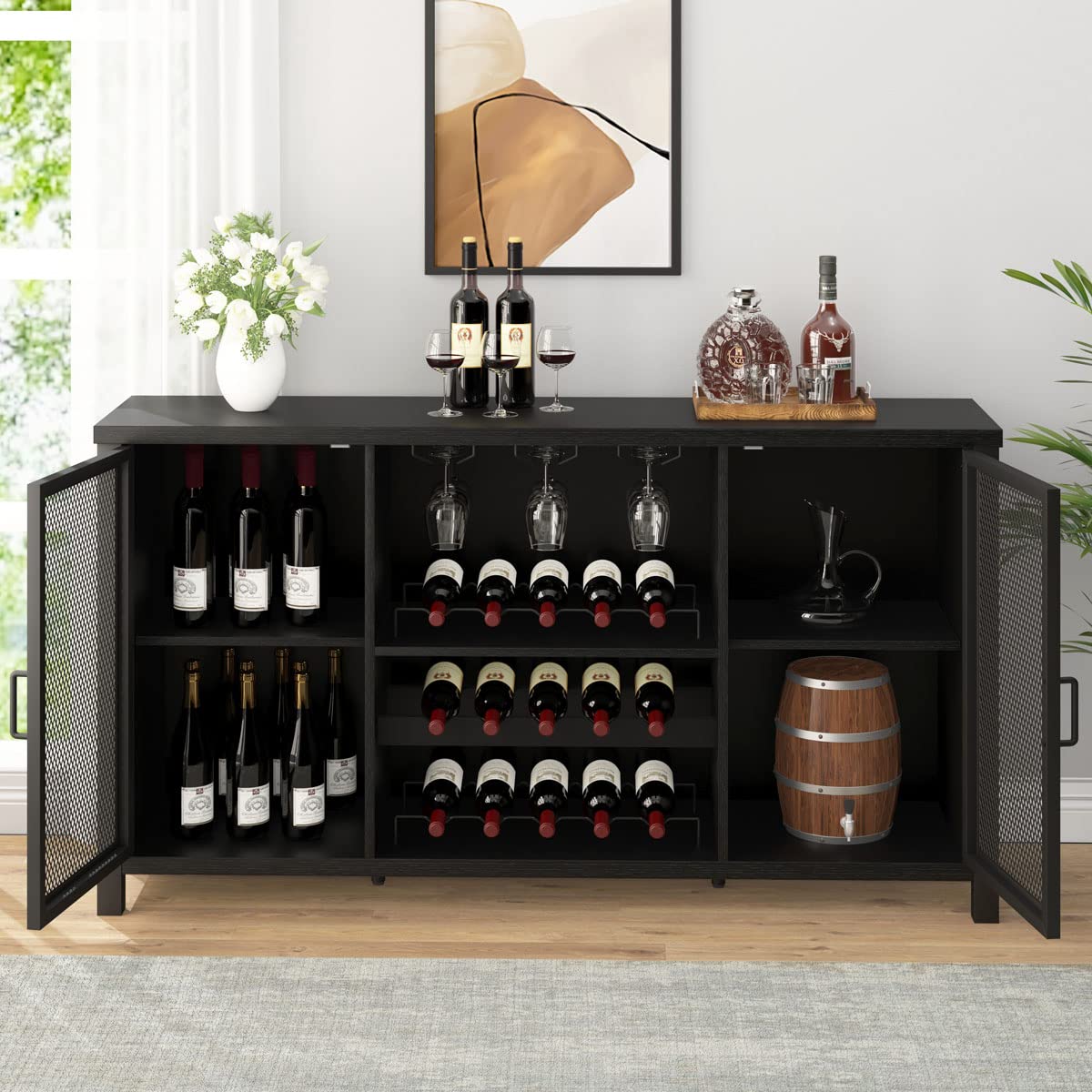 IBF 55 Inch Black Oak Industrial Coffee & Liquor Cabinet with Wine Rack Storage - Farmhouse Style Kitchen Buffet for Home, Living Room & Dining Room | Perfect for Entertaining Guests & Organizing Beverages