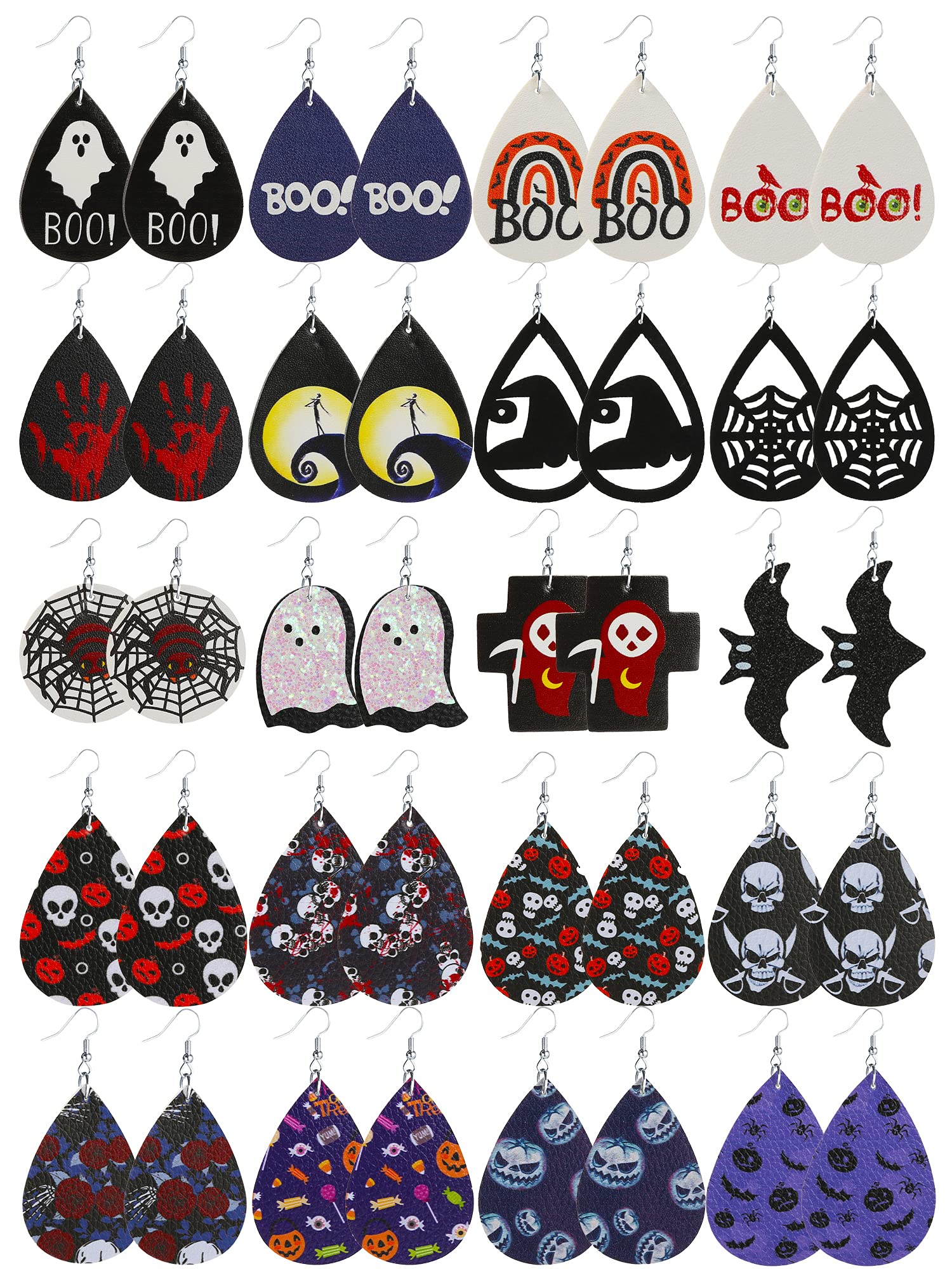 20 Pairs Halloween Earrings for Women - Spooky Leather Earrings with Blood, Spider, Skeleton & Ghost Designs - Perfect for Halloween Parties, Cosplay & Costume Accessories