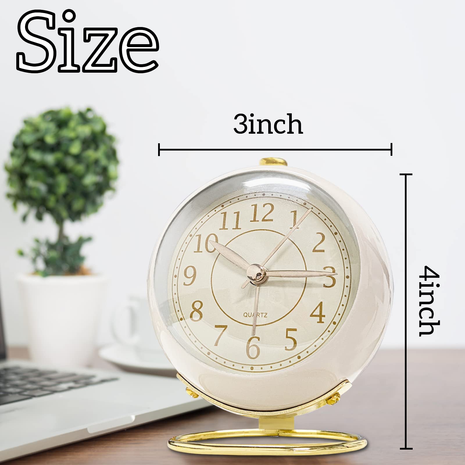 JUSTUP Small Silent Analog Alarm Clock - Battery Operated Desk Clock with Backlight & HD Glass - Perfect for Kids Room, Bedroom, Living Room, Kitchen Decor (White) | Ideal for Nighttime Reading, Office Use, and Home Décor