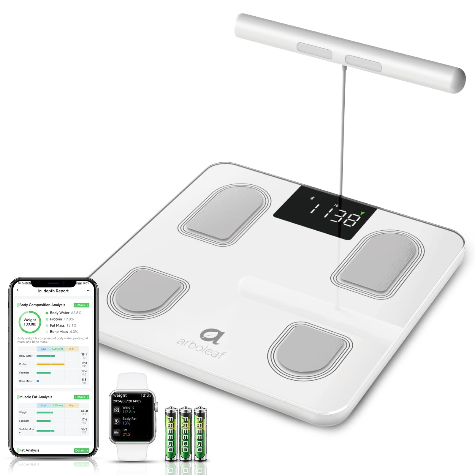 Arboleaf 8-Electrode Smart Body Fat Scale with Large LED Display - Full Body Composition Analyzer for BMI, Muscle Mass, BMR & 26 Health Metrics - Bluetooth Digital Weight Scale for Home Gym & Health Tracking