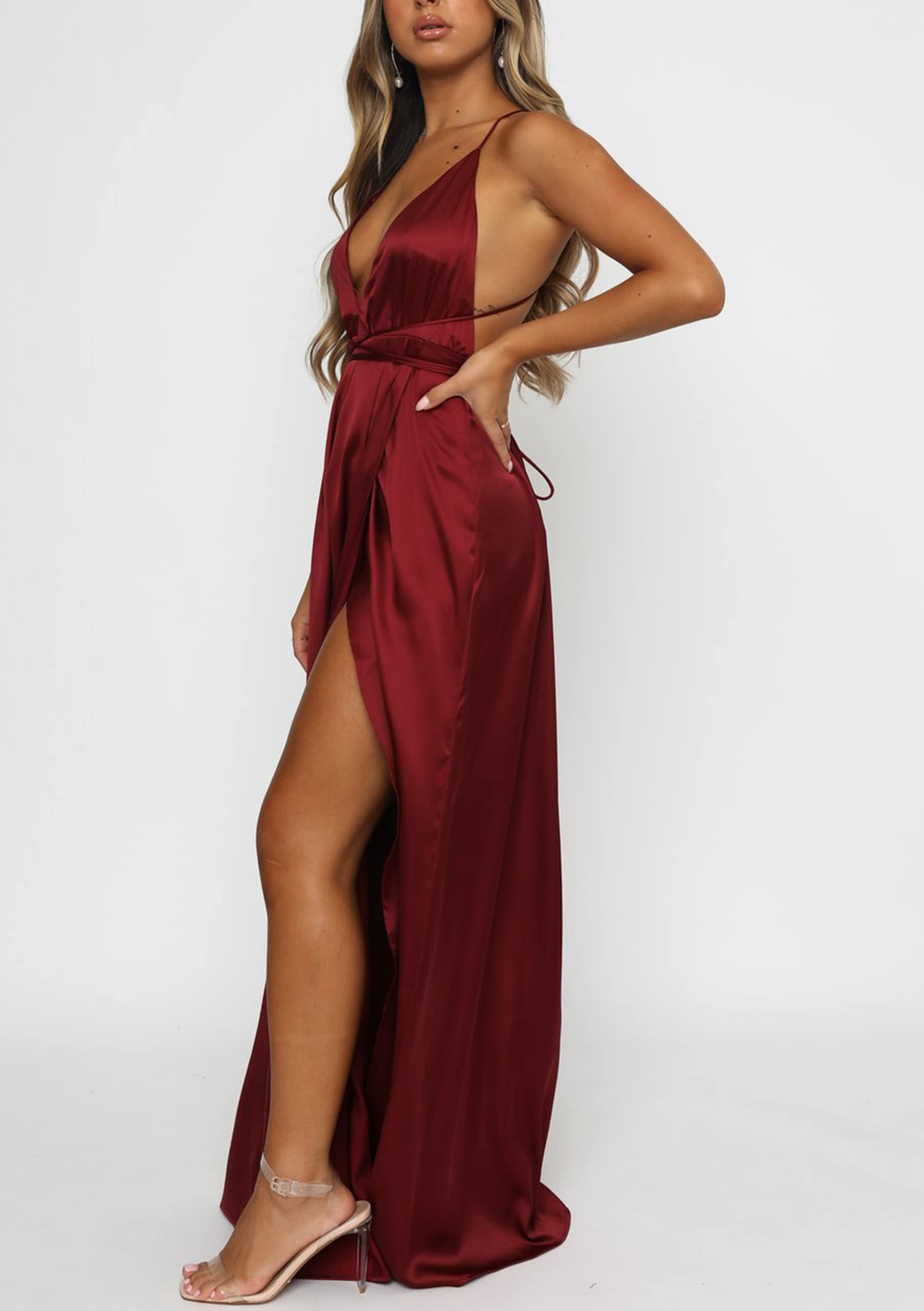 Elegant Women's Satin Formal Dress - Sexy V Neck Backless Long Maxi Gown with High Slit for Cocktail Party, Wedding Guest & Evening Occasions