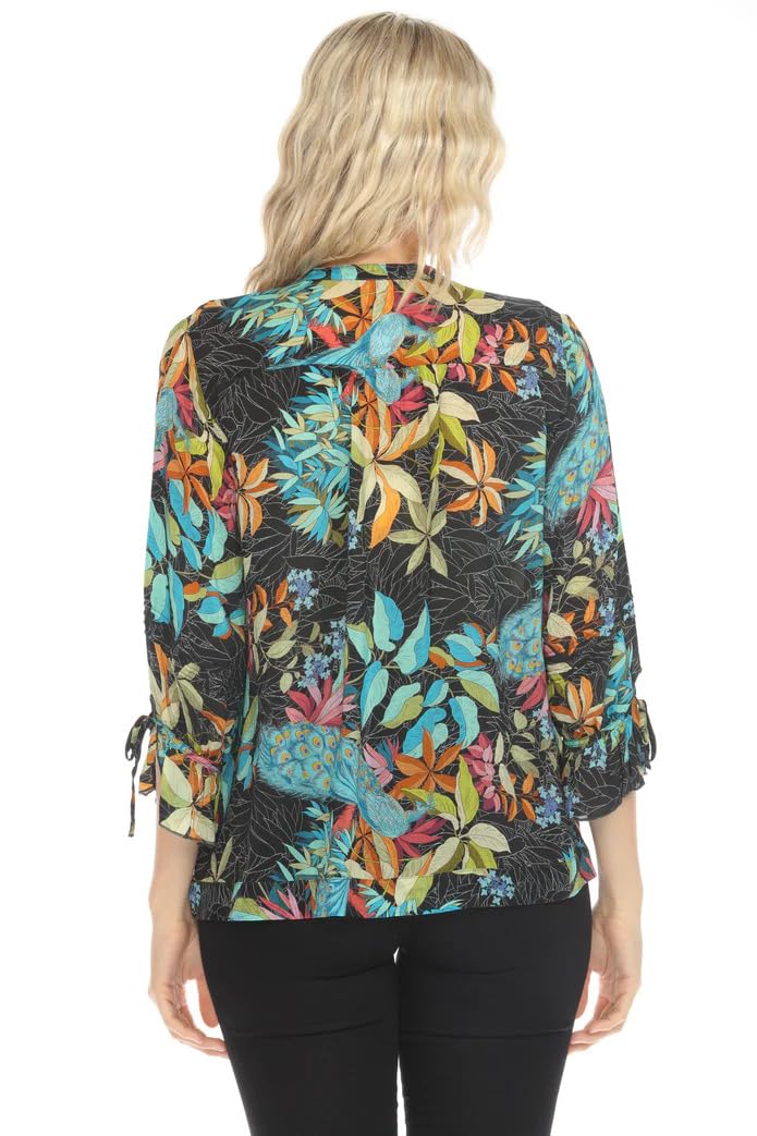 Johnny Was Vacanza Blouse - Floral Peacock Print Deep Black Button Up Shirt Top for Women, Small | Boho Chic Style for Casual Wear, Date Nights & Summer Outfits