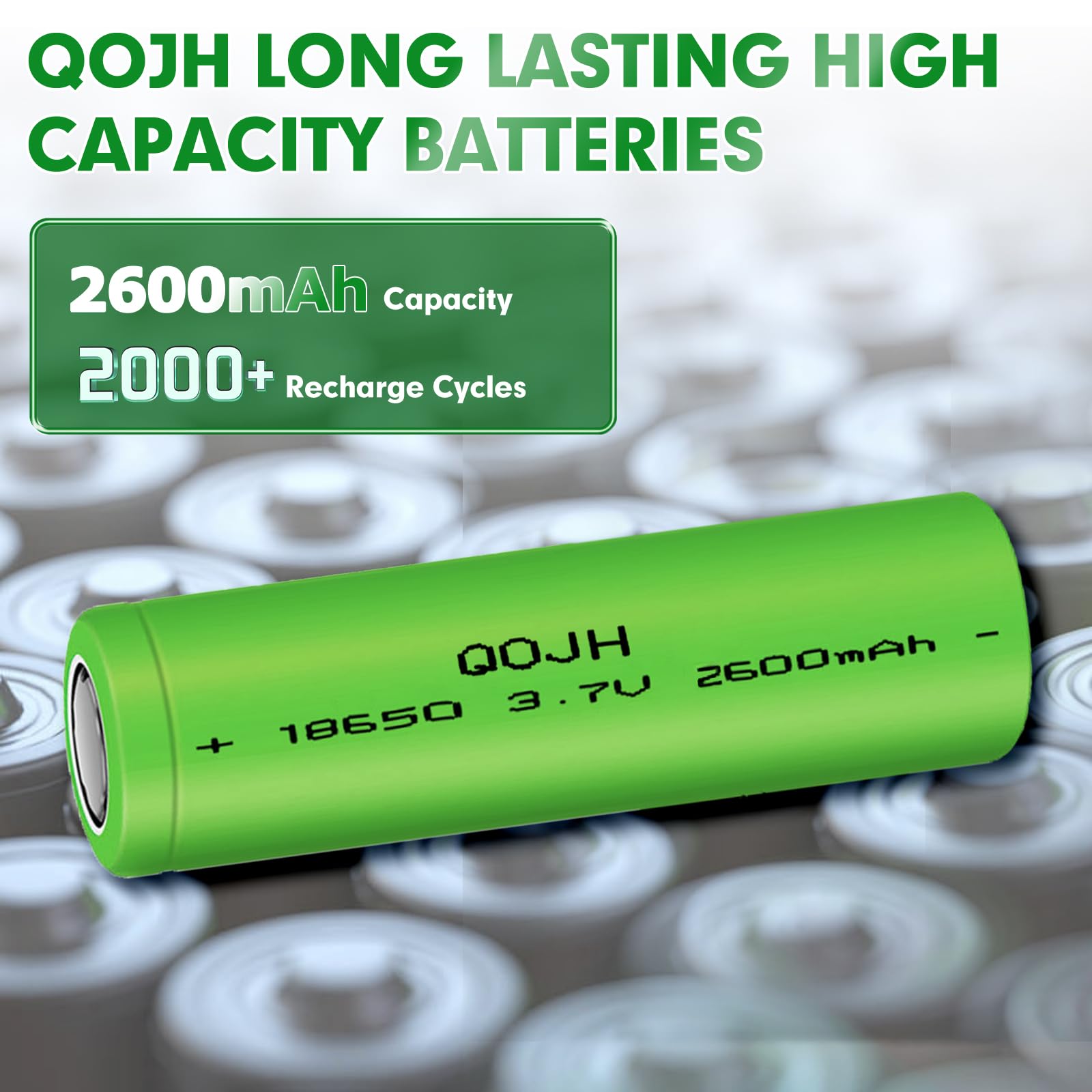 2 Pack 3.7V 18650 Rechargeable Lithium-ion Batteries - 2600mAh High Capacity Flat Top Batteries for Flashlights, Headlamps, Solar Lights, Mini Fans - Perfect for Outdoor Camping, Emergency Power & DIY Electronics Projects