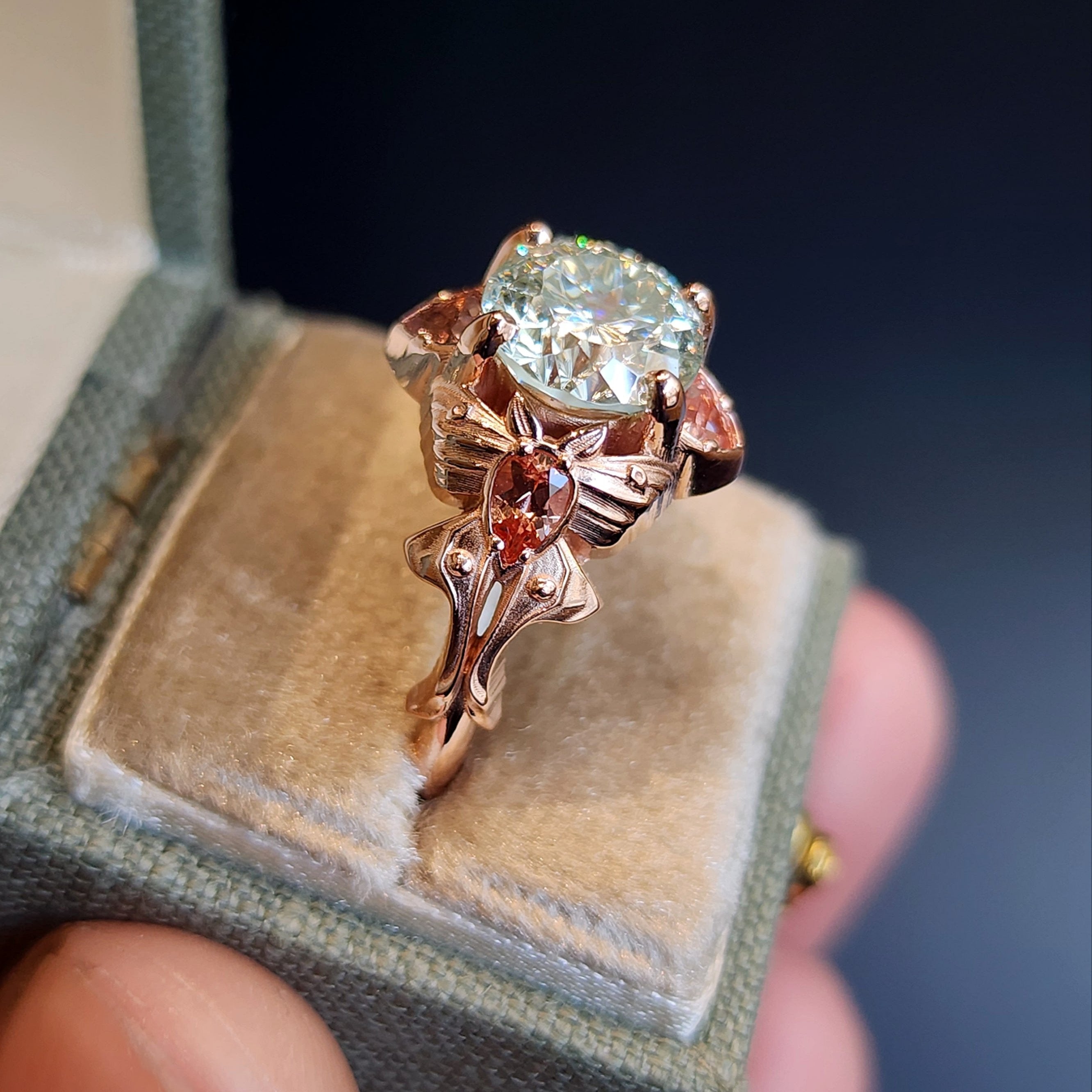 Exclusive Limited Edition Mint Green Fantasy Cut Moissanite Luna Moth Engagement Ring with Champagne Sapphires in 14k Gold - Unique Bug Jewelry for Weddings, Anniversaries & Special Occasions