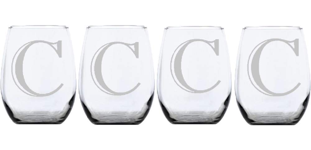 Personalized Stemless Wine Glasses 4pk - Monogrammed with Letter C for Wedding Gifts