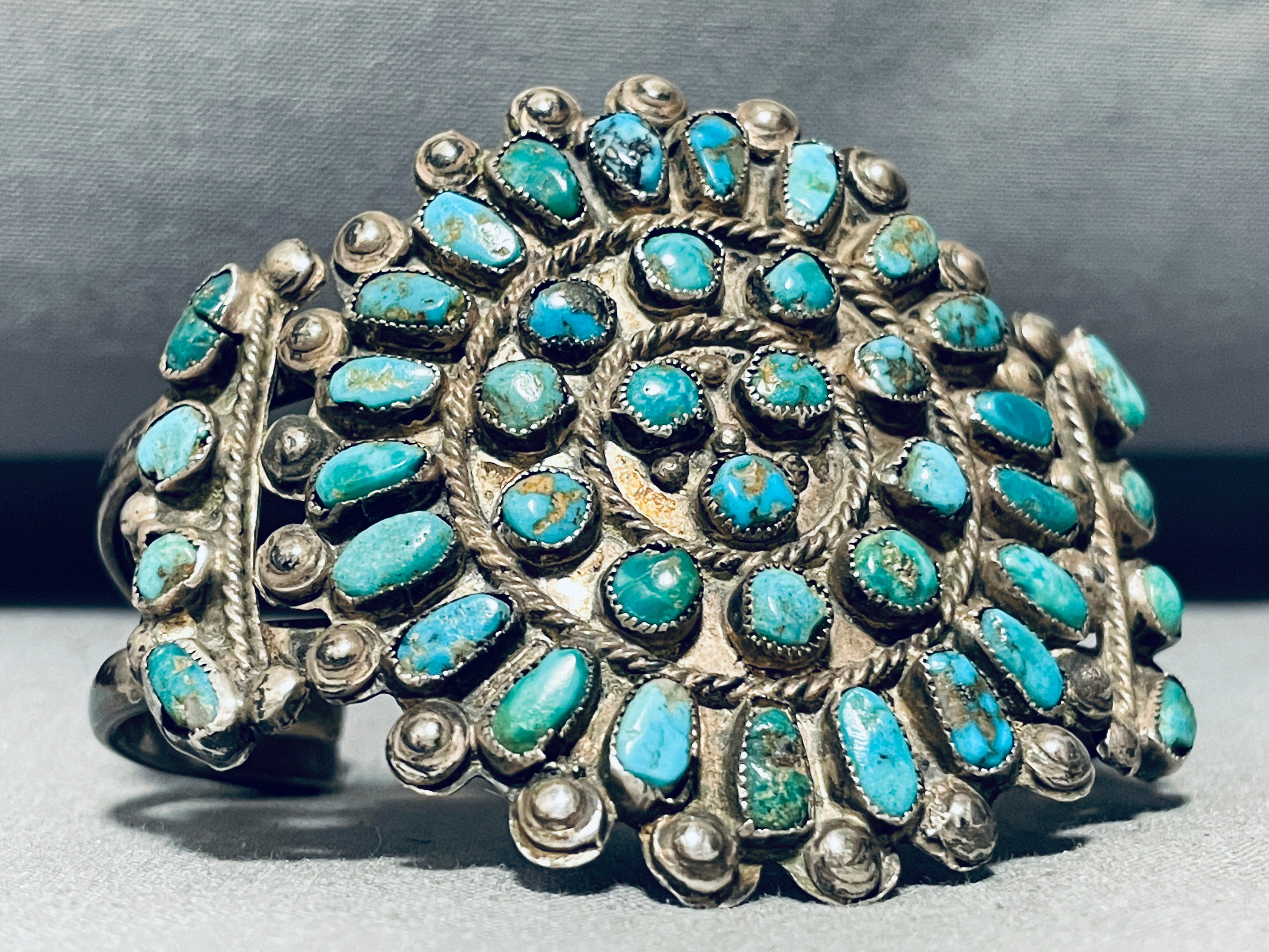 Vintage 1940s Navajo Native American Turquoise Sterling Silver Cluster Bracelet - Handmade Southwest Jewelry for Women, Boho Fashion & Tribal Style Accessories