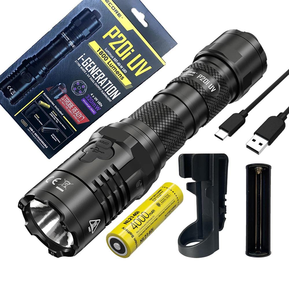 Nitecore P20iUV USB-C Rechargeable LED Flashlight - 1800 Lumens, 4000mAh Battery, Includes Holster | Tactical, Camping, Emergency & Outdoor Use