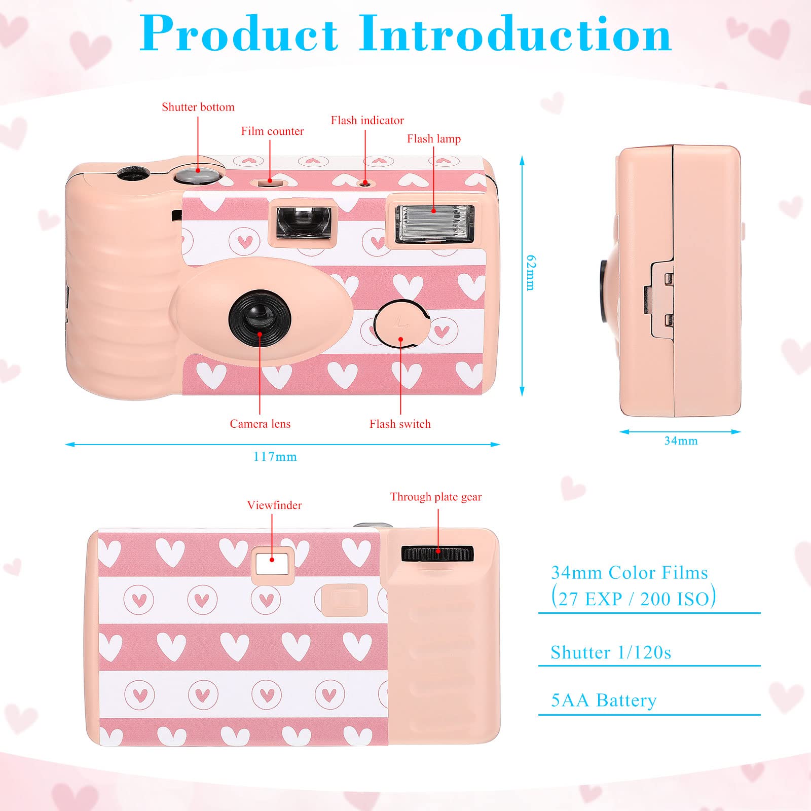 3 Pack Disposable Film Camera with Flash - Color One Time Use Cameras for Wedding, Travel, Party & Events - Perfect for Capturing Memories at Gatherings, Vacations & Special Occasions (Pink)