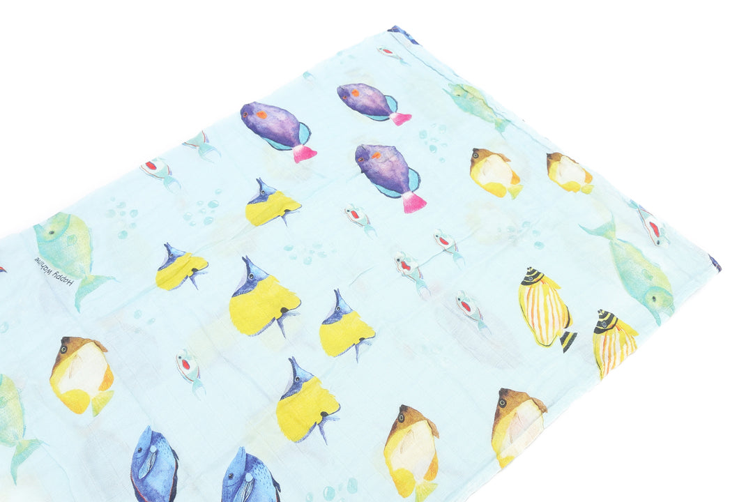 Premium Baby Muslin Swaddle Blanket - Soft & Breathable Fish 'Ohana Blue Design | Perfect for Newborn Swaddling, Nursery, and Gift Giving