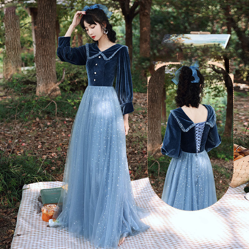 Elegant Blue Tulle Velvet Bridesmaid Dress - Long Formal Evening Gown for Weddings, Prom & Special Occasions | Plus Size 525