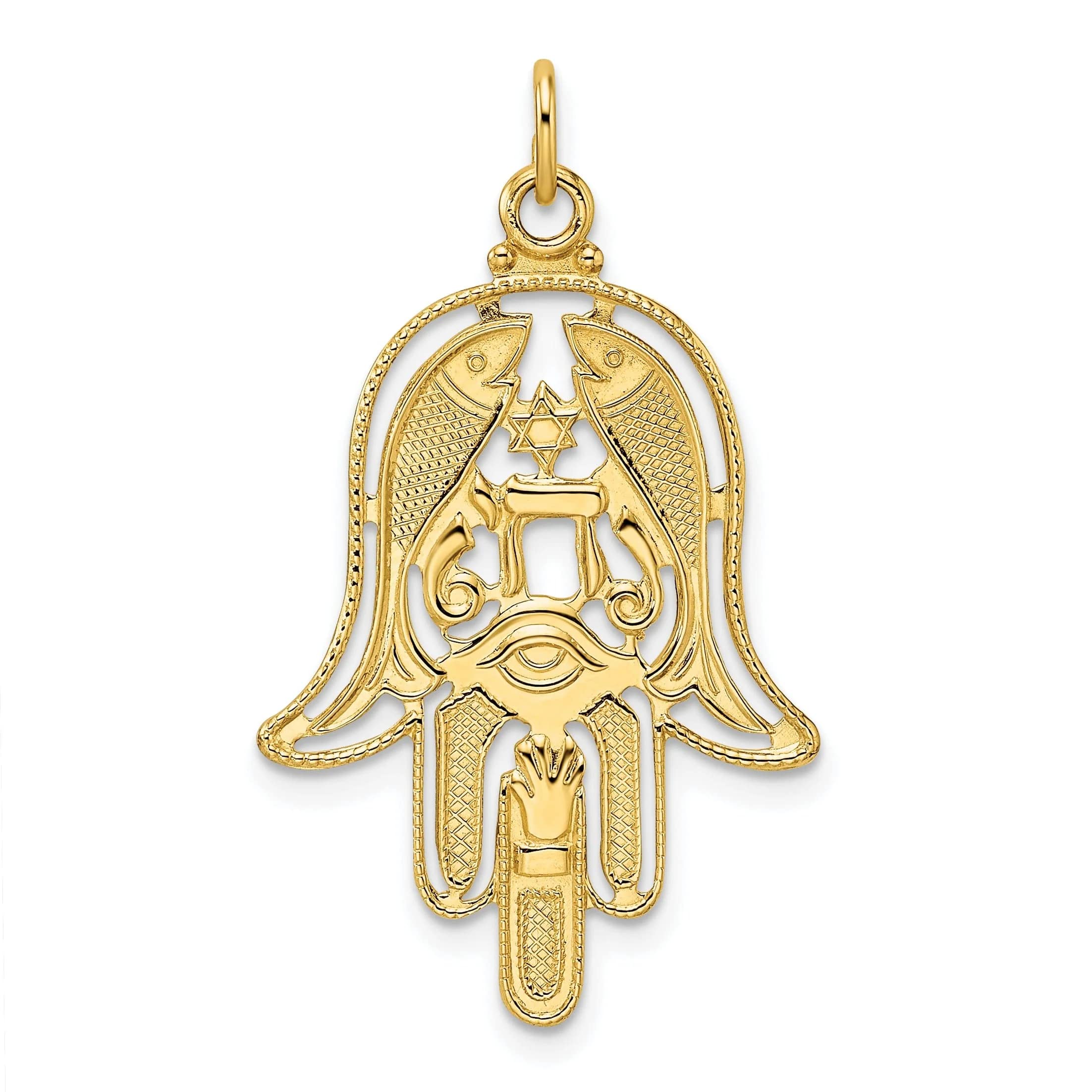 14K Yellow Gold Hamsa Evil Eye Charm Pendant with Fish Design - Unisex Jewelry for Protection & Good Luck - Perfect for Gifts, Daily Wear & Spiritual Blessings