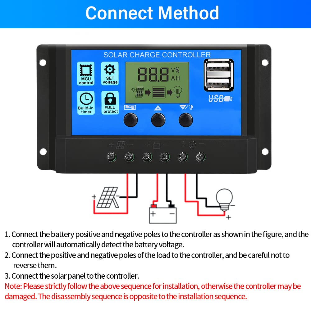 10A PWM Solar Charge Controller - 12V/24V LCD Display Intelligent Regulator for Solar Panels & Batteries - Perfect for Street Lights, RV, Marine & Off-Grid Power Systems