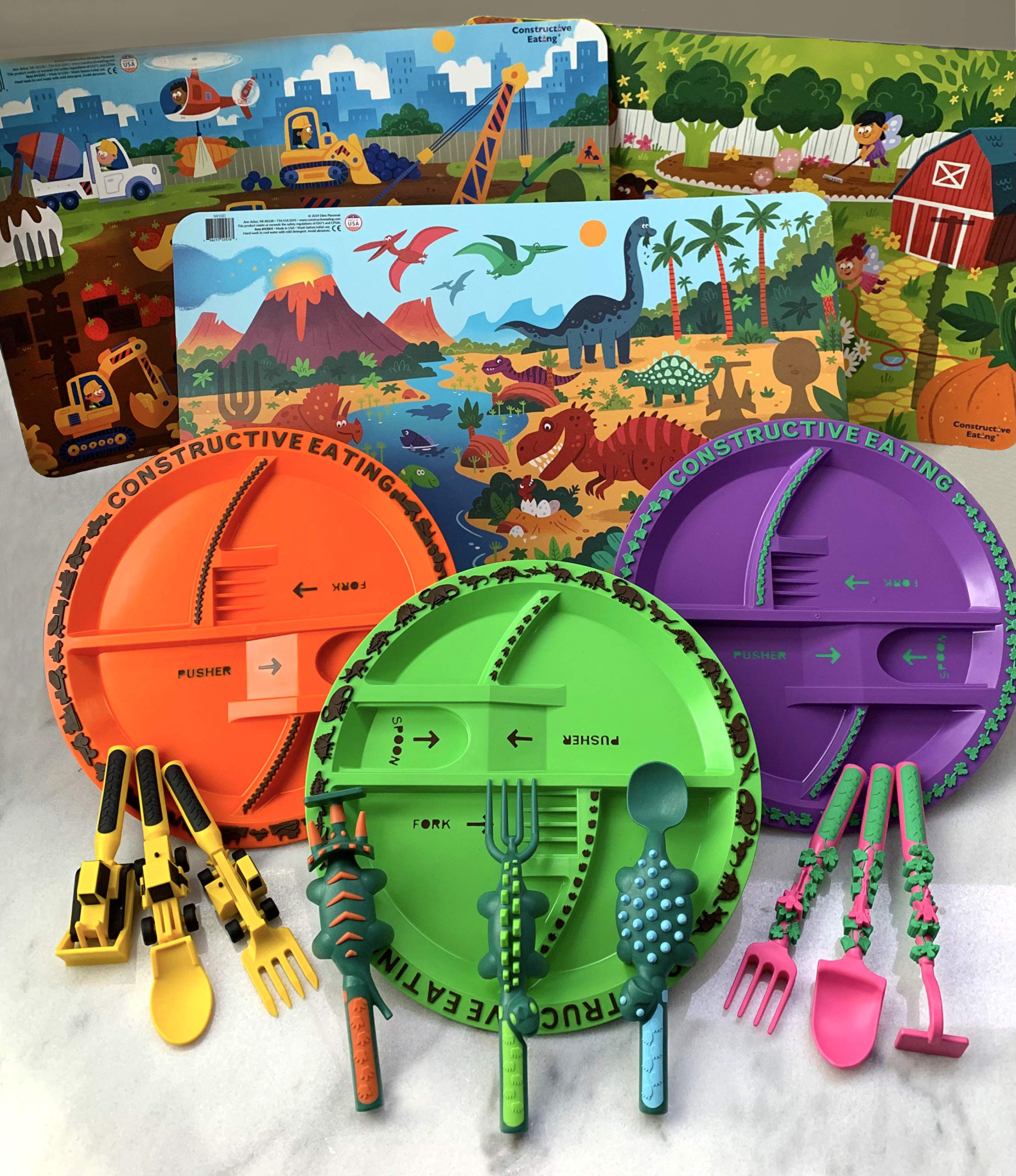 Constructive Eating USA-Made Kids Utensil Set - 3-Piece Construction, Dinosaur & Garden Themed Utensils with Plates & Placemats for Toddlers & Children | BPA-Free Safe Materials | Perfect for Mealtime Fun & Learning