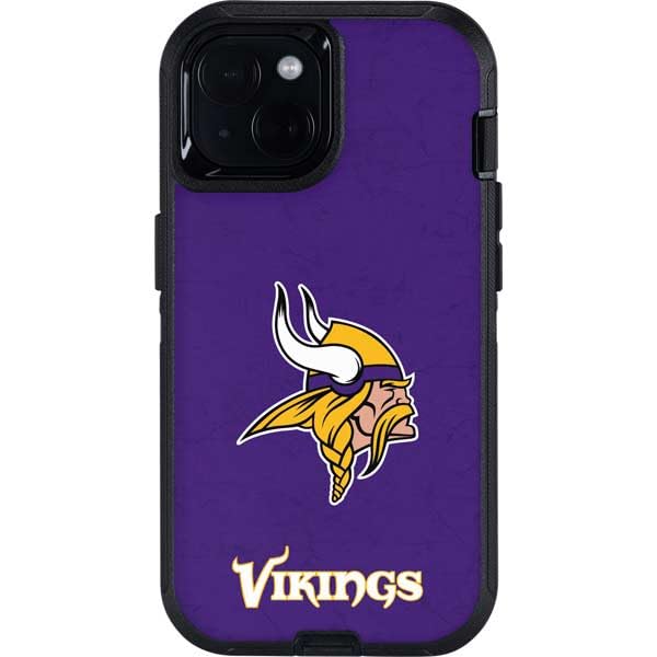 Officially Licensed NFL Minnesota Vikings Distressed Design Phone Skin - Compatible with OtterBox Defender iPhone 15 | Protective Decal for Sports Fans, Game Days & Everyday Use