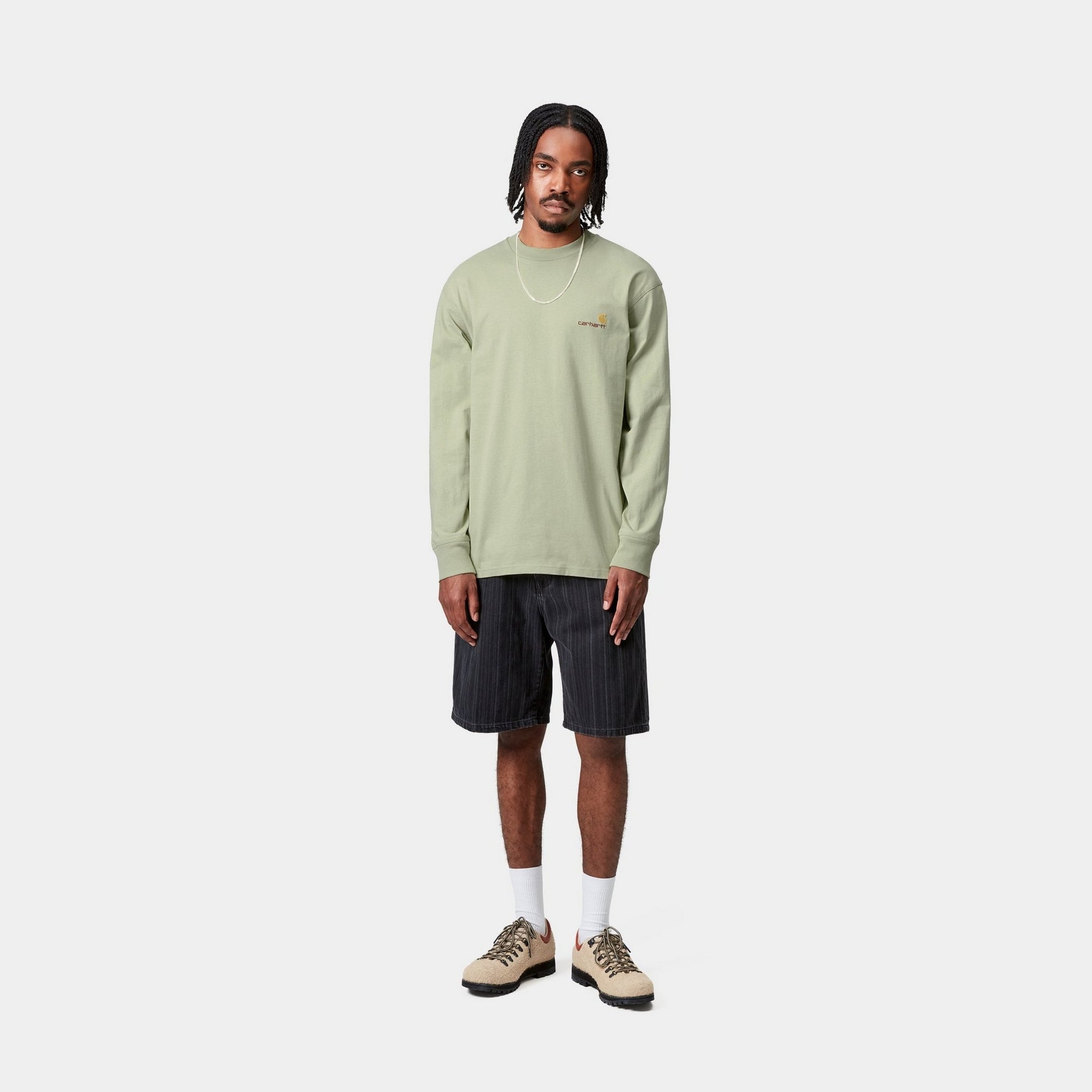 Vintage American Script Long Sleeve T-Shirt for Men & Women | Soft Cotton Crewneck Tee in Pale Olive Green | Casual Wear, Street Style, Everyday Outfit