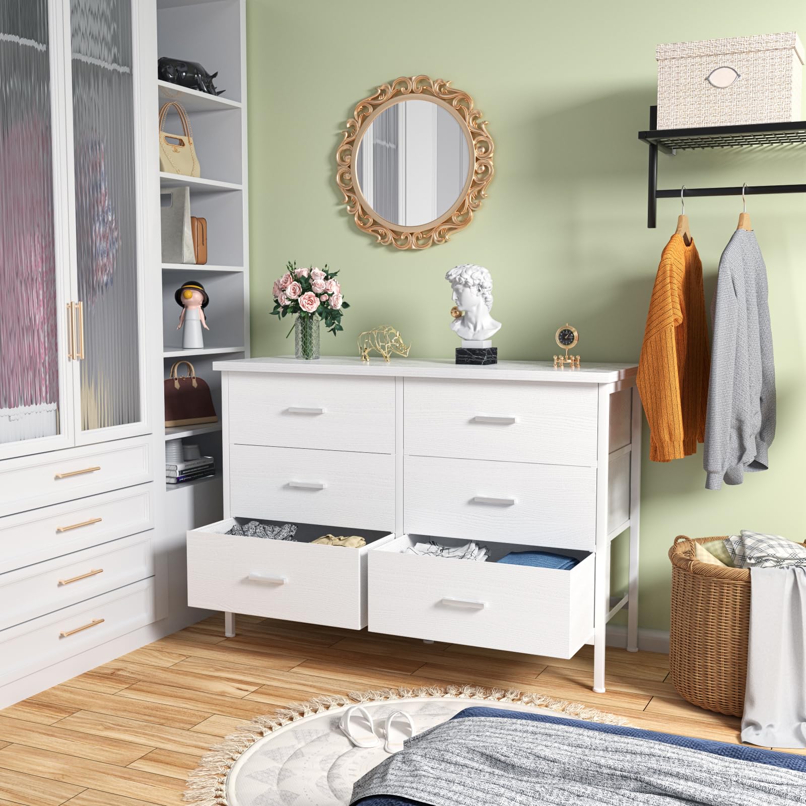 Modern White 6-Drawer Dresser for Bedroom - Wide TV Stand for 50