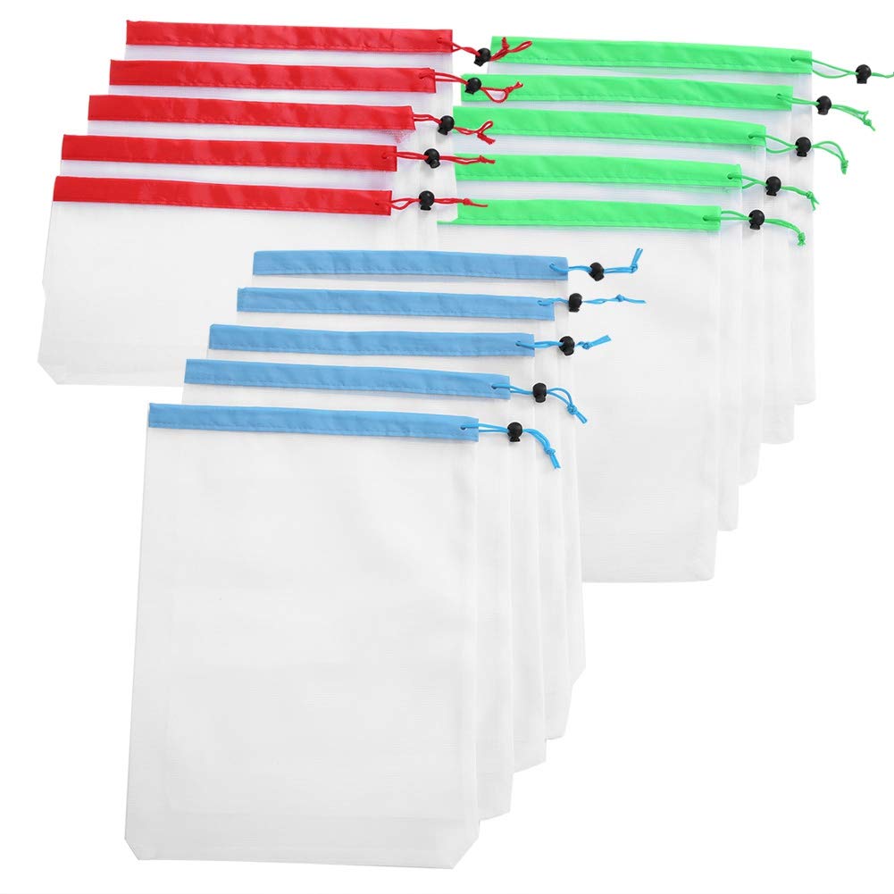 15-Pack Reusable Drawstring Mesh Bags - 3 Sizes for Fruits, Vegetables, Toys & Sundries Storage | Breathable Washable Organizer for Kitchen, Grocery, Travel & Camping