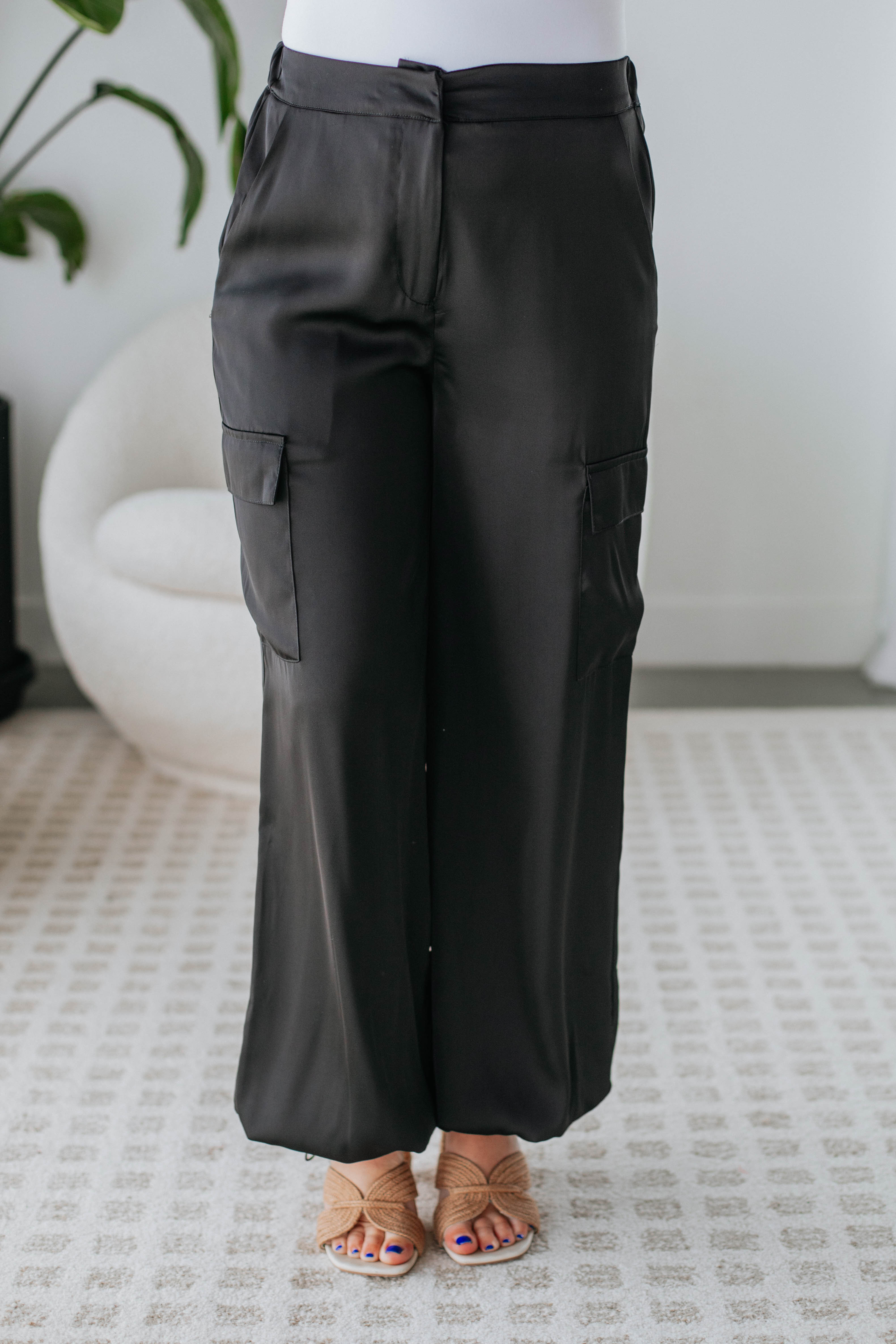 Adara Women's Satin Cargo Pants - High Waist Casual Joggers with Pockets | Black Lounge Pants for Yoga, Travel & Everyday Wear