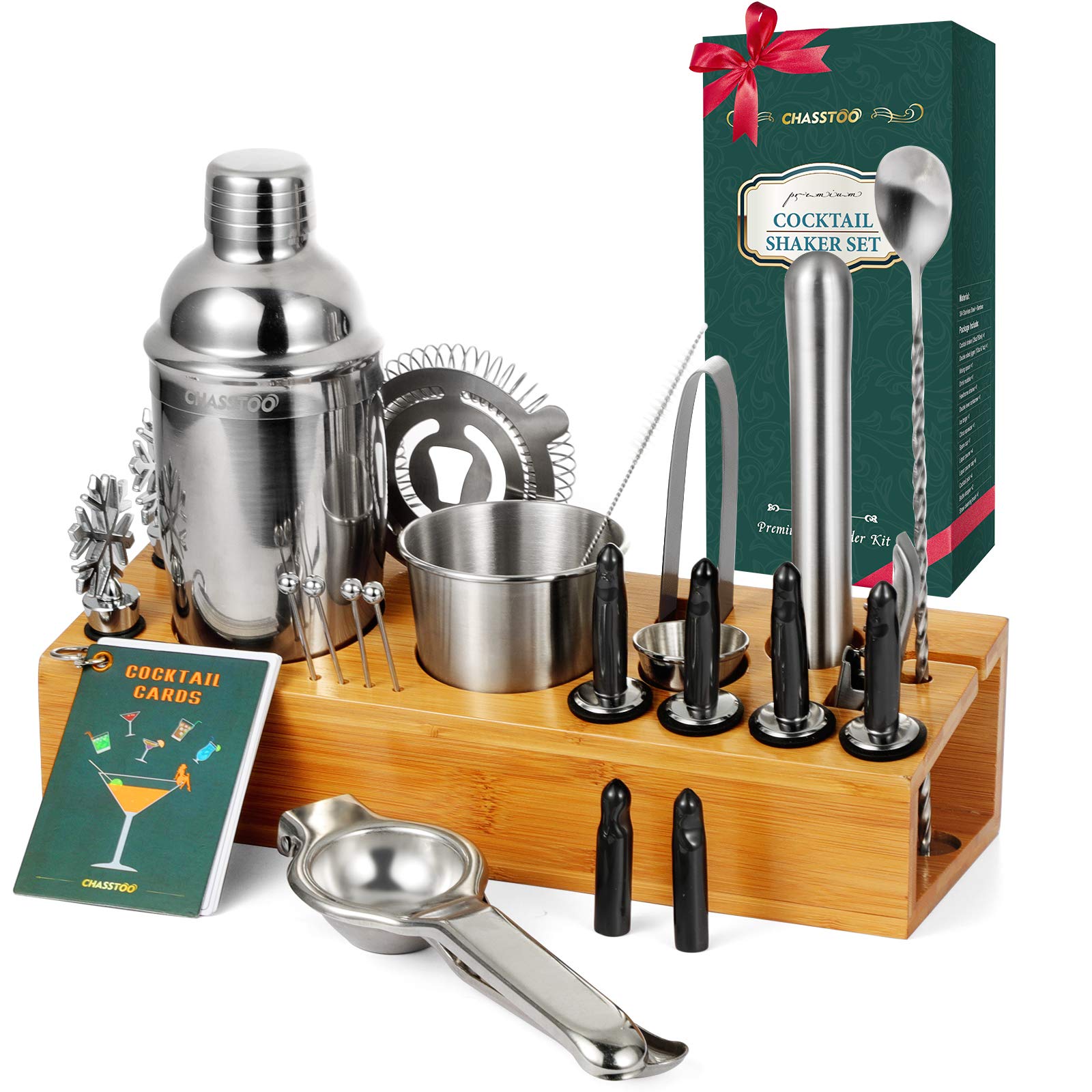 CHASSTOO 28-Piece Professional Mixology Bartender Kit with Bamboo Stand - Cocktail Shaker Set, Bar Accessories & Recipe Cards - Complete Bar Tools Kit for Home Bartending & Cocktail Making | Perfect for Home Bars, Parties & Mixology Enthusiasts