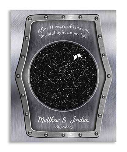 8x10 Custom Metal Star Map Art Print - Personalized 11 Year Anniversary Gift with Constellations & Night Sky Design - Includes Deluxe Velvet Tabletop Stand & Gift Wrapping (LTC-M1747) - Perfect for Wedding Anniversaries, Romantic Gifts, Home Decor, and Office Display
