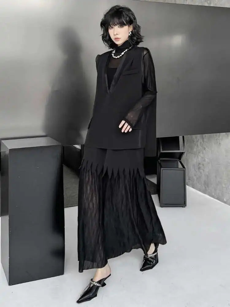 Black Big Size Vest Pleated Skirt Two-Piece Set - Women's Fashion V-Neck Sleeveless Outfit for Spring & Autumn 2025 (1DJ0261) | Trendy Office Wear & Casual Date Night Ensemble