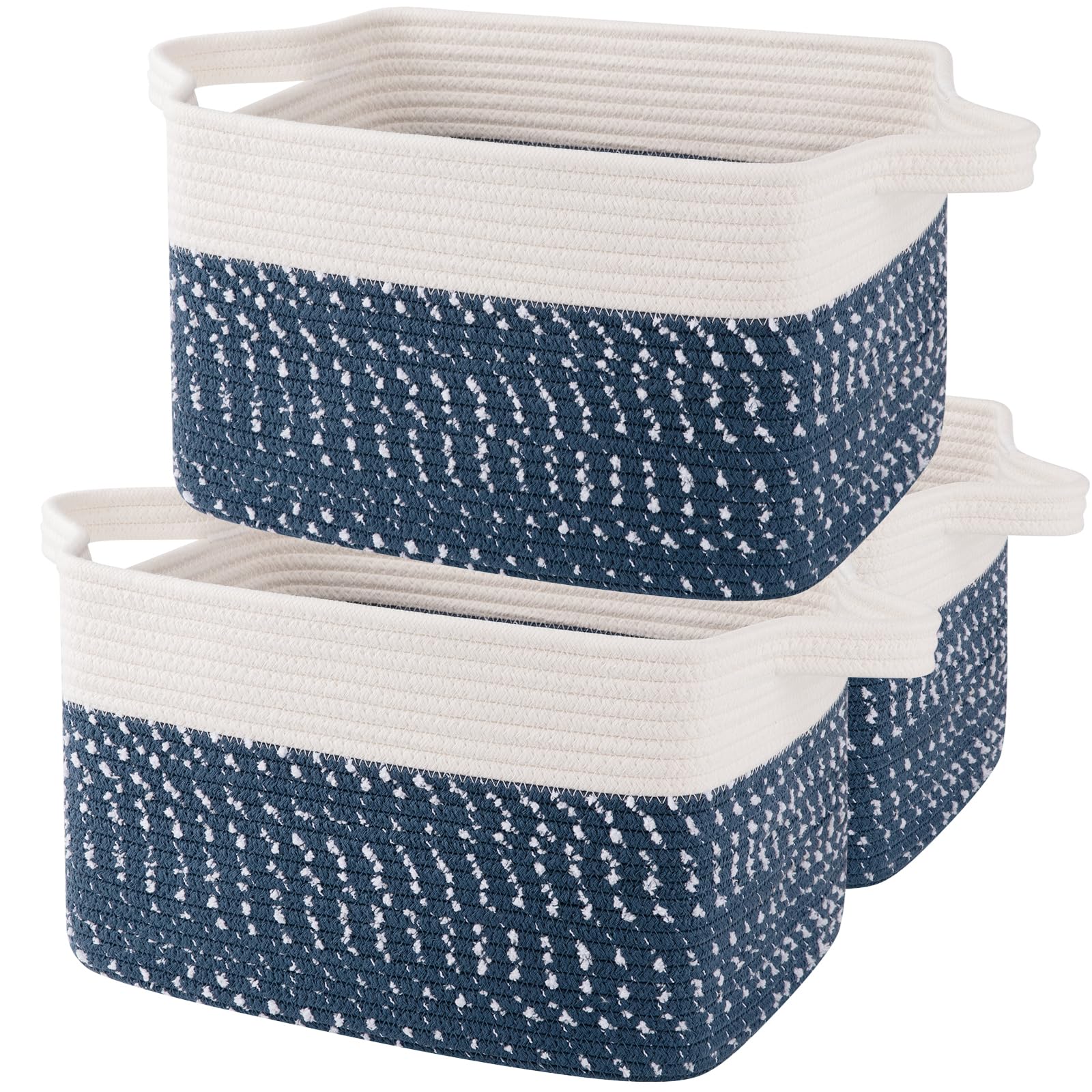 OIAHOMY 3-Pack Woven Cotton Rope Storage Baskets - White & Blue, Organize Toys, Towels & Bathroom Essentials - Perfect for Home, Nursery & Laundry Room Organization