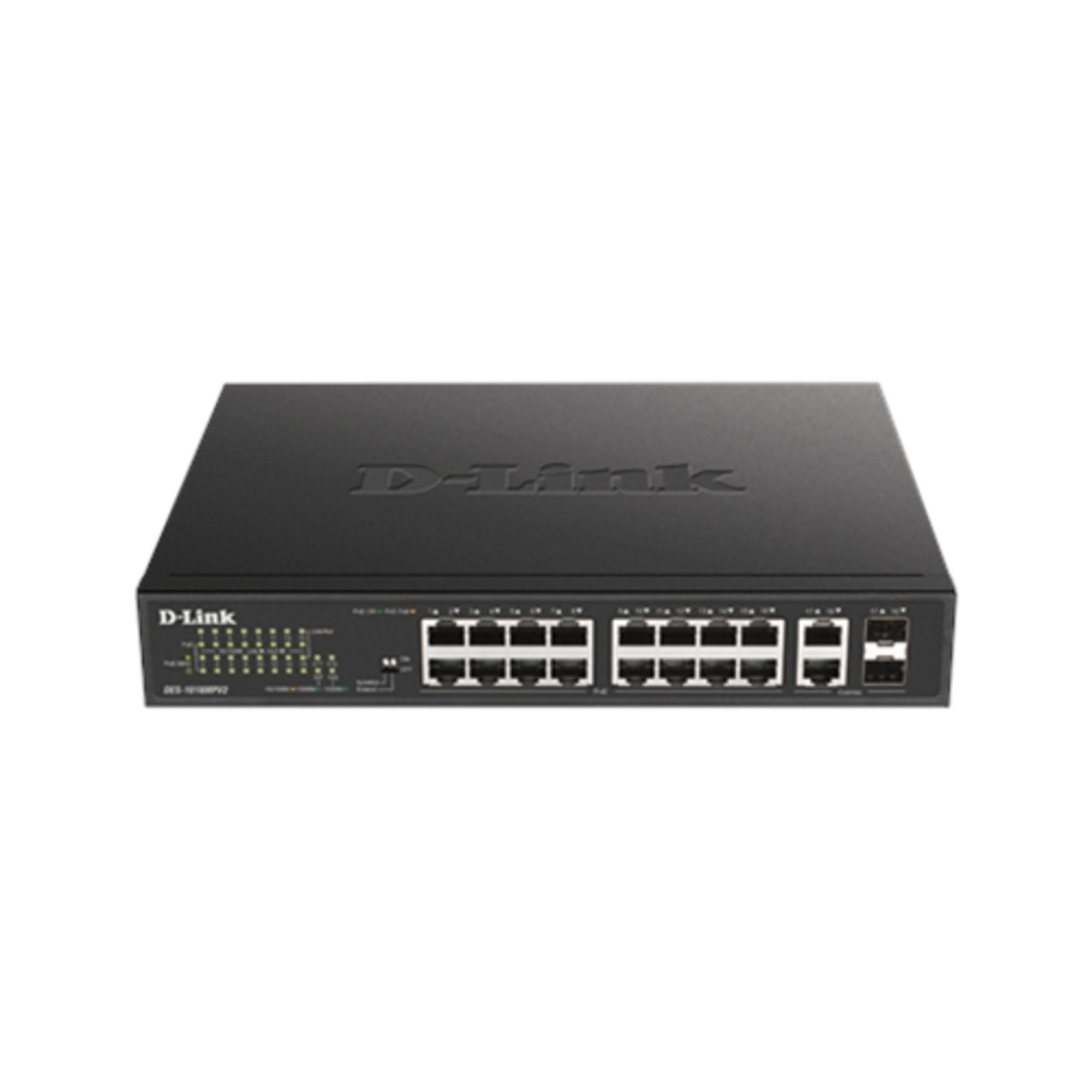 D-Link 18-Port Fast Ethernet Unmanaged PoE Switch with 16 PoE Ports & 2 Gigabit Uplinks | Desktop/Rackmount | 247W Power Budget | Metal Housing (DES-1018MPV2) - Ideal for Office Networks, Security Camera Systems & Small Business IT Infrastructure