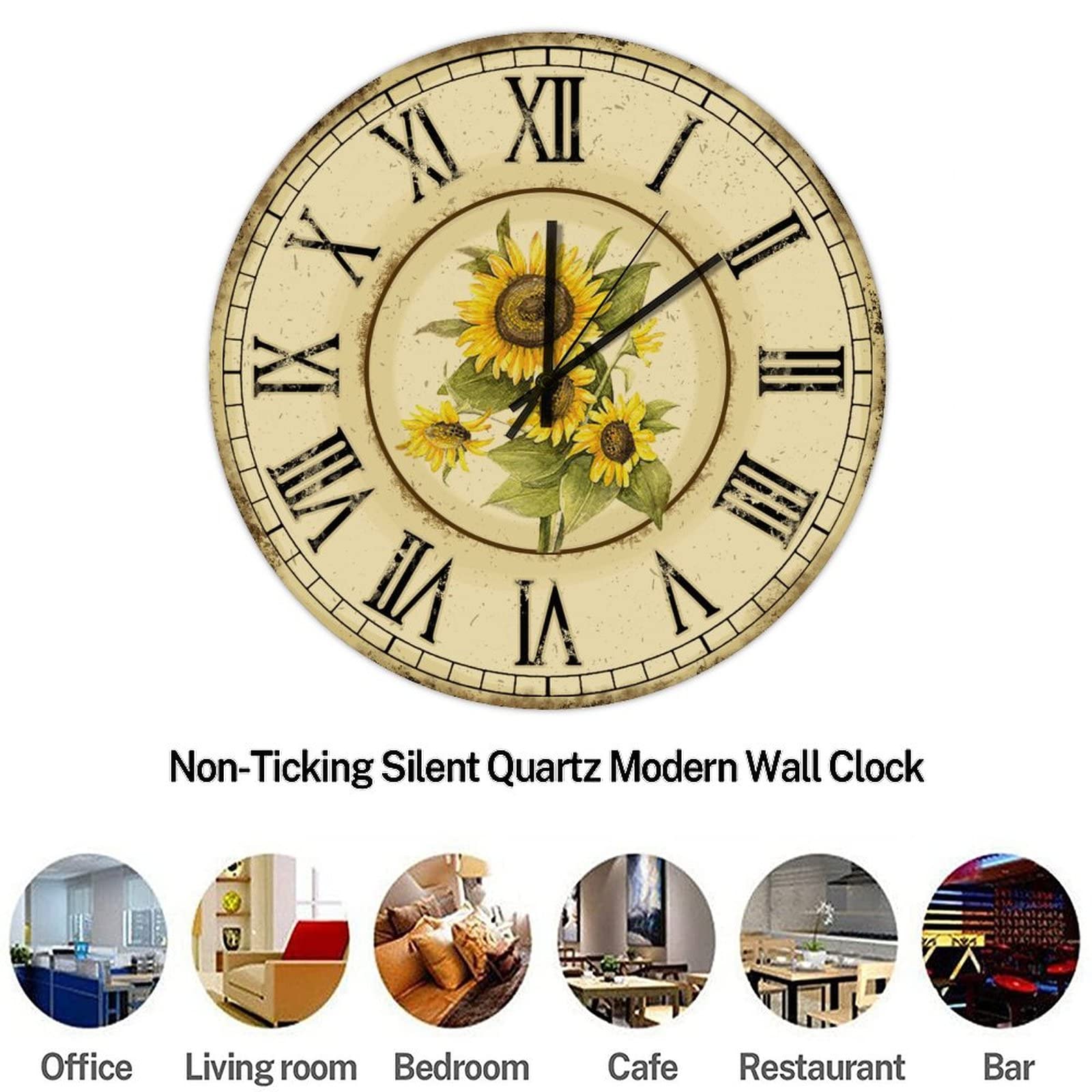 15 Inch Farmhouse Round Wood Wall Clock with Sunflower Floral Design - Silent Non-Ticking Battery Operated Roman Numerals Clock for Home, Office, Classroom, School, Club & Bar Decor | Perfect Rustic Wall Art for Living Room, Kitchen & Bedroom