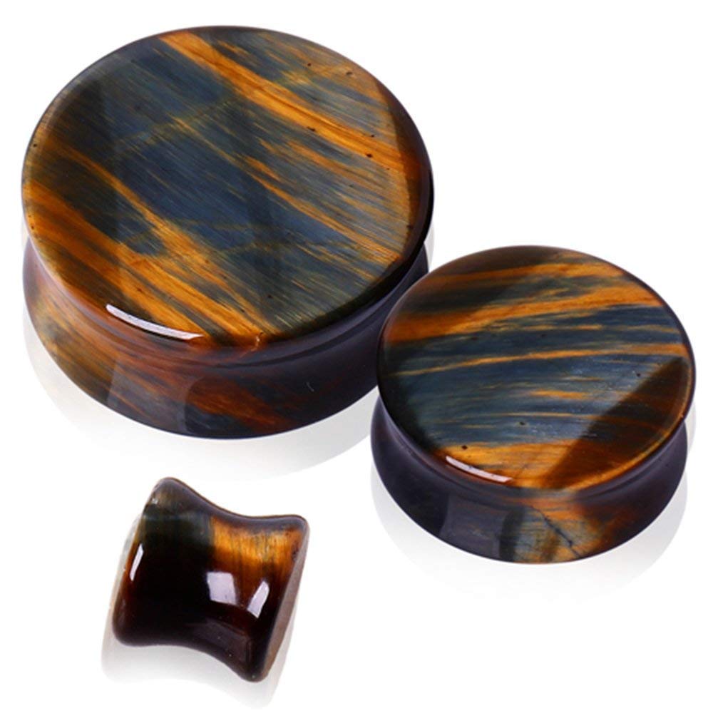 Natural Blue Tiger Eye Stone Saddle Plug - Stylish Ear Gauges for Men & Women