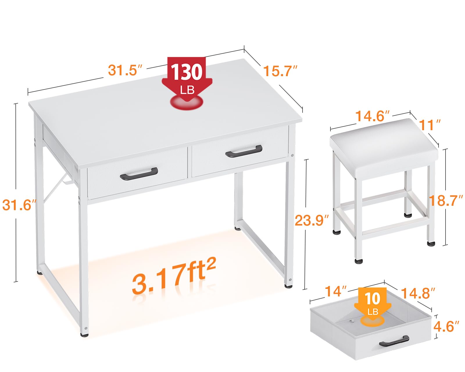 AODK 32 Inch Small Vanity Desk with Stool - No Mirror Makeup Table with 2 Fabric Drawers & Steel Hook, White Vanity Table for Girls Bedroom | Perfect for Makeup Organization, Small Space Dressing Area & Bedroom Decor