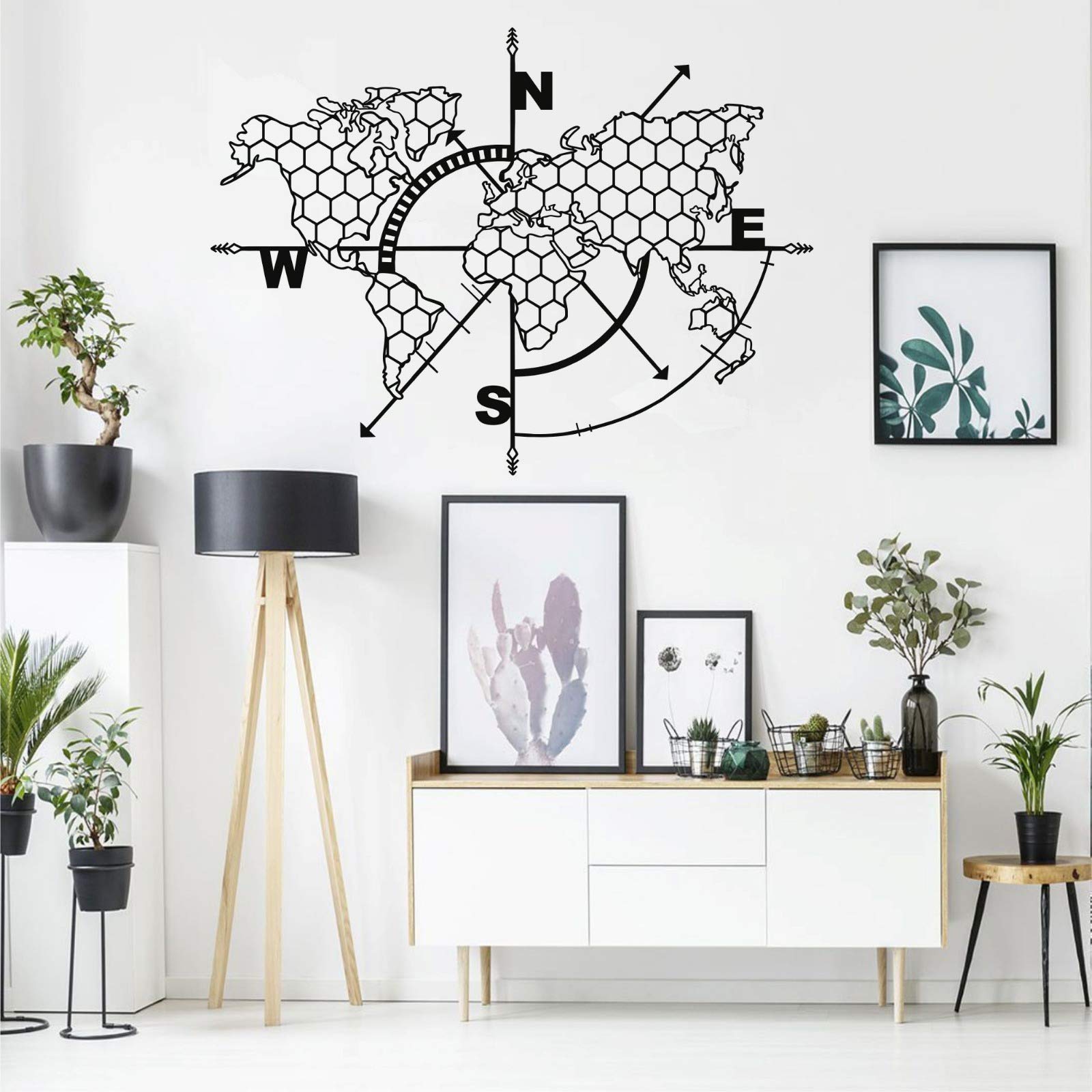 DEKADRON 3D Metal World Map Wall Art with Compass Honeycomb Design - Black 39