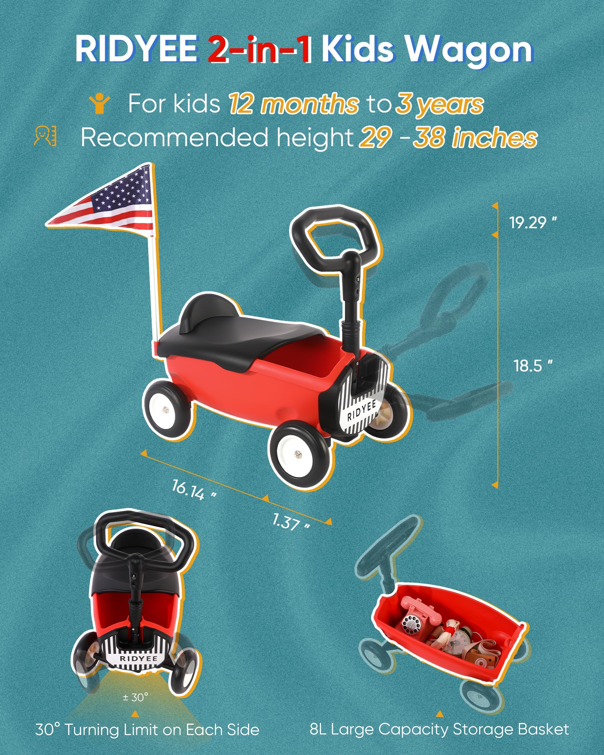 2-in-1 Toy Wagon for Toddlers 1-3 Years Old | Kids Pull Along Wagon with Removable Seat & Adjustable Handle | Baby Push Walker with 8L Large Storage Basket, Steering Limit & DIY Stickers | Red Ride-On Toy for Indoor/Outdoor Play, Park Visits & Backyard Fun