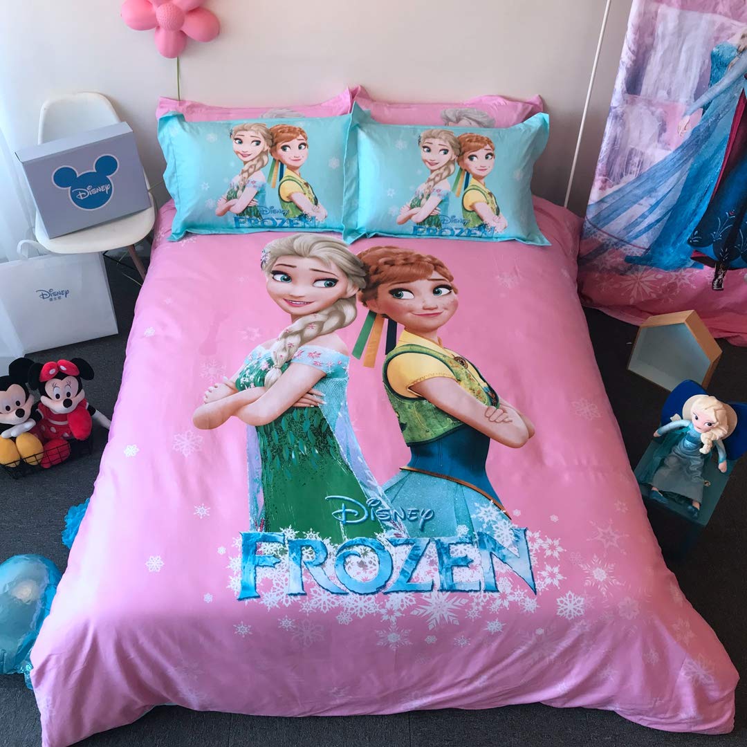 100% Cotton Frozen Elsa & Anna Kids Bedding Set - 4 Piece Queen Size Duvet Cover, Pillowcases & Flat Sheet for Girls | Disney Princess Themed Bedroom Decor | Perfect for Kids Rooms, Sleepovers & Birthday Gifts