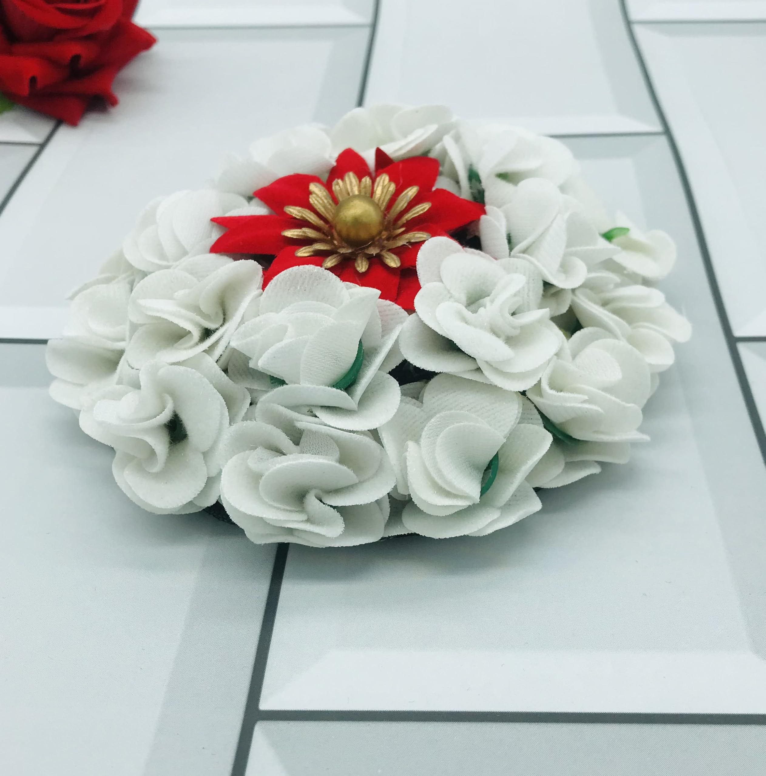 Gadinfashion™ Artificial Flower Bridal Hair Juda/Gajra - Red & White Hair Bun Flower Accessories for Women & Girls (Pack of 1) - Perfect for Weddings, Parties & Special Occasions