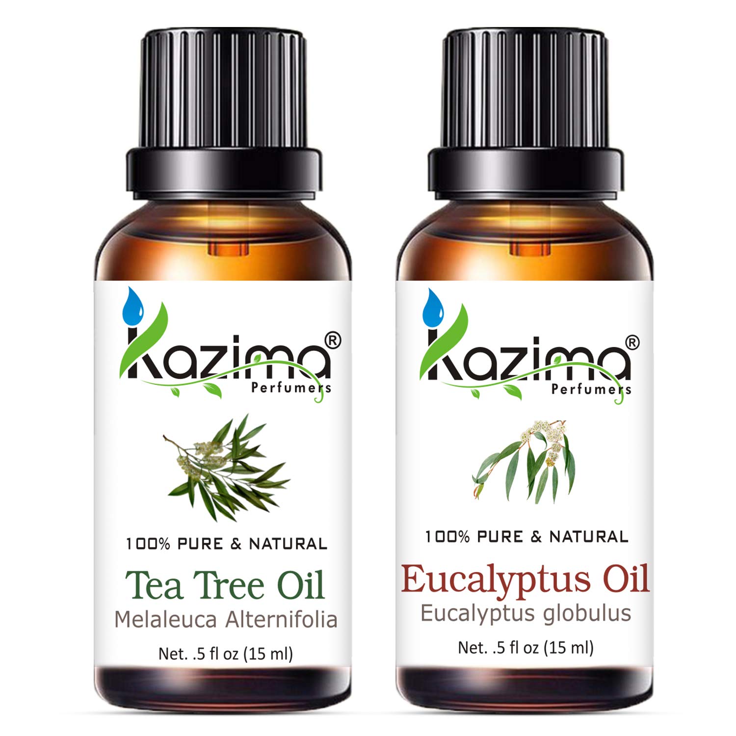 KAZIMA Tea Tree Oil & Eucalyptus Oil Set - 100% Pure Essential Oils for Acne Scars, Hair Growth, Skin & Hair Care (15ml Each) - Perfect for Aromatherapy, DIY Beauty & Home Remedies