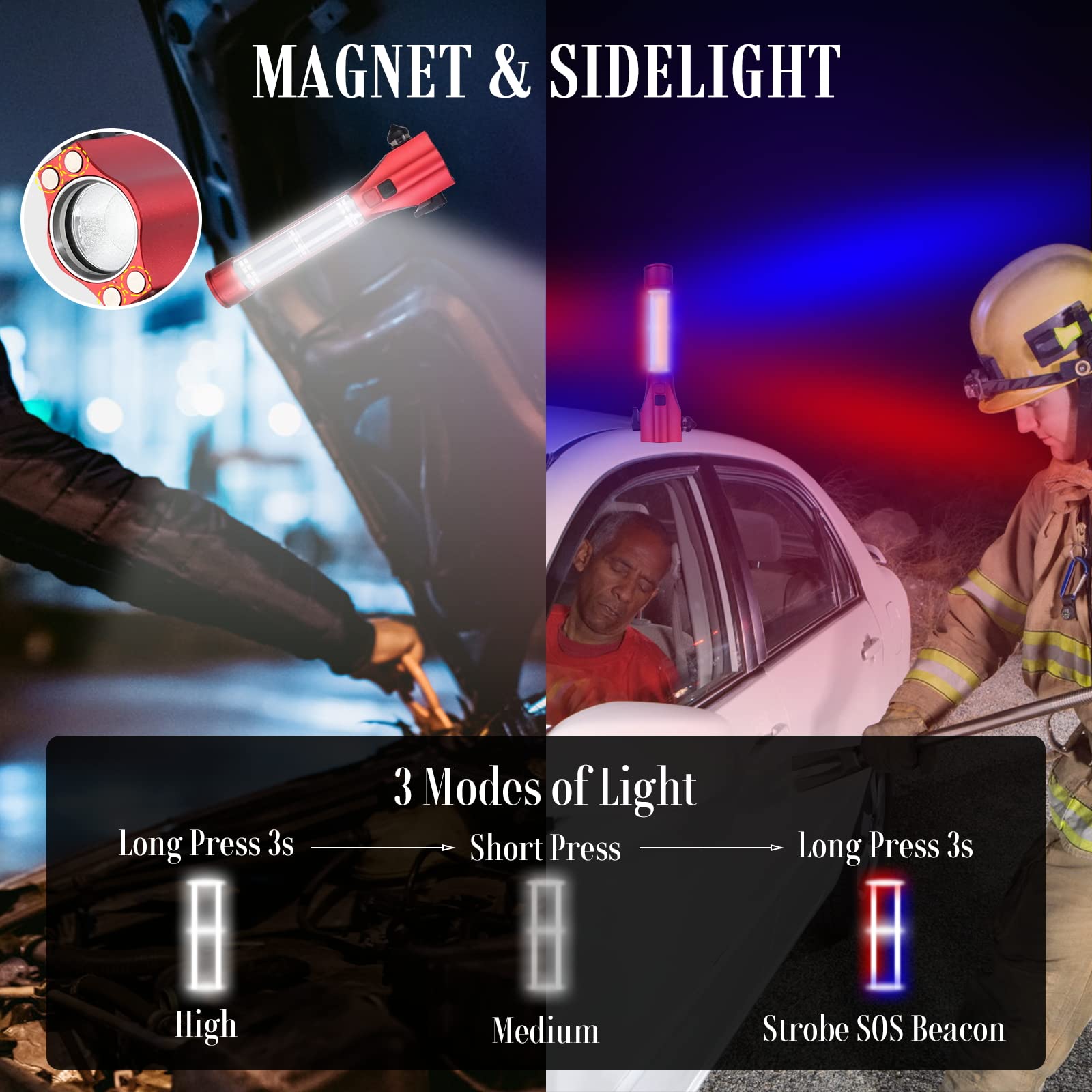 Multifunctional Solar-Powered Emergency Flashlight - Waterproof LED Car Flashlight with Window Breaker & Seatbelt Cutter | Rechargeable for Outdoor, Camping, Hiking & Emergency Preparedness