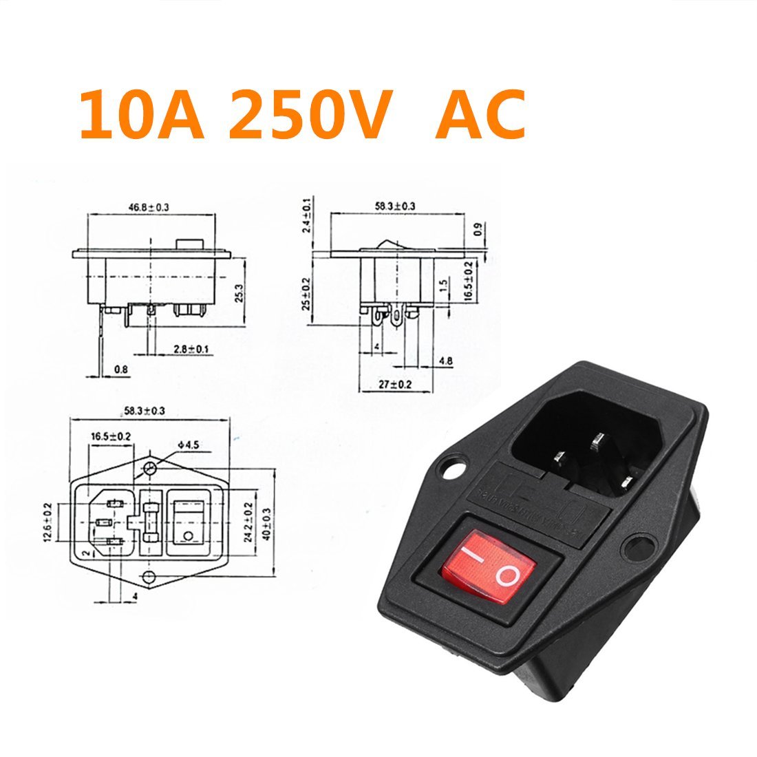 Oiyagai 4 Pcs IEC320 C14 Inlet Module Connector with Fuse Switch - Male Power Socket AC 250V 10A with Red Indicator Light - Perfect for Computer Power Supplies, Servers & Audio Equipment