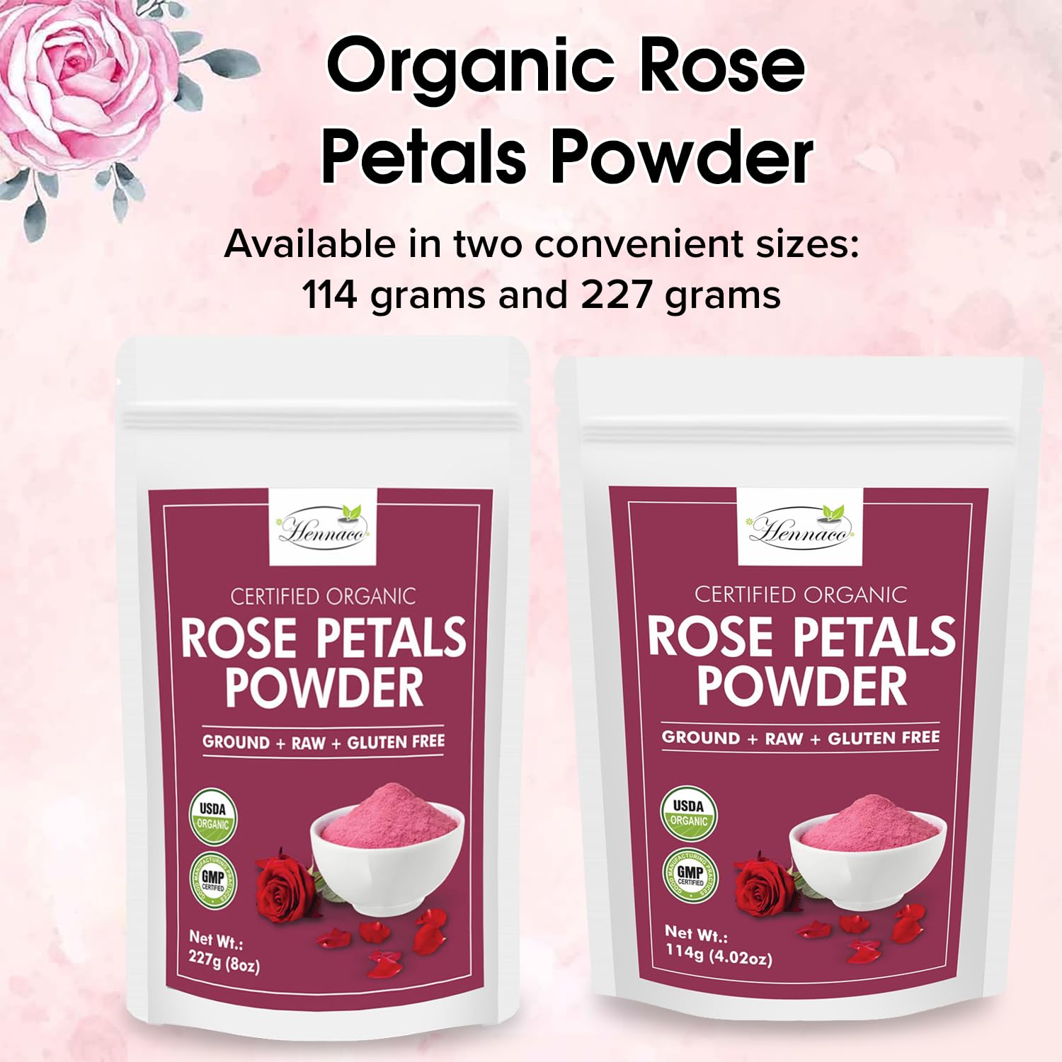 Organic Rose Petals Powder - 114g (4oz) All-Natural Skin Toner & Hair Mask | Chemical-Free, Preservative-Free | For Dry, Oily & Sensitive Skin | DIY Face Masks, Bath Soaks & Aromatherapy