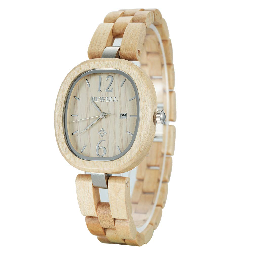 BEWELL Handmade Wooden Watches for Women - Analog Quartz Wooden Wristwatch with Adjustable Wood Bracelet - Perfect for Casual Wear, Outdoor Activities & Unique Gifts
