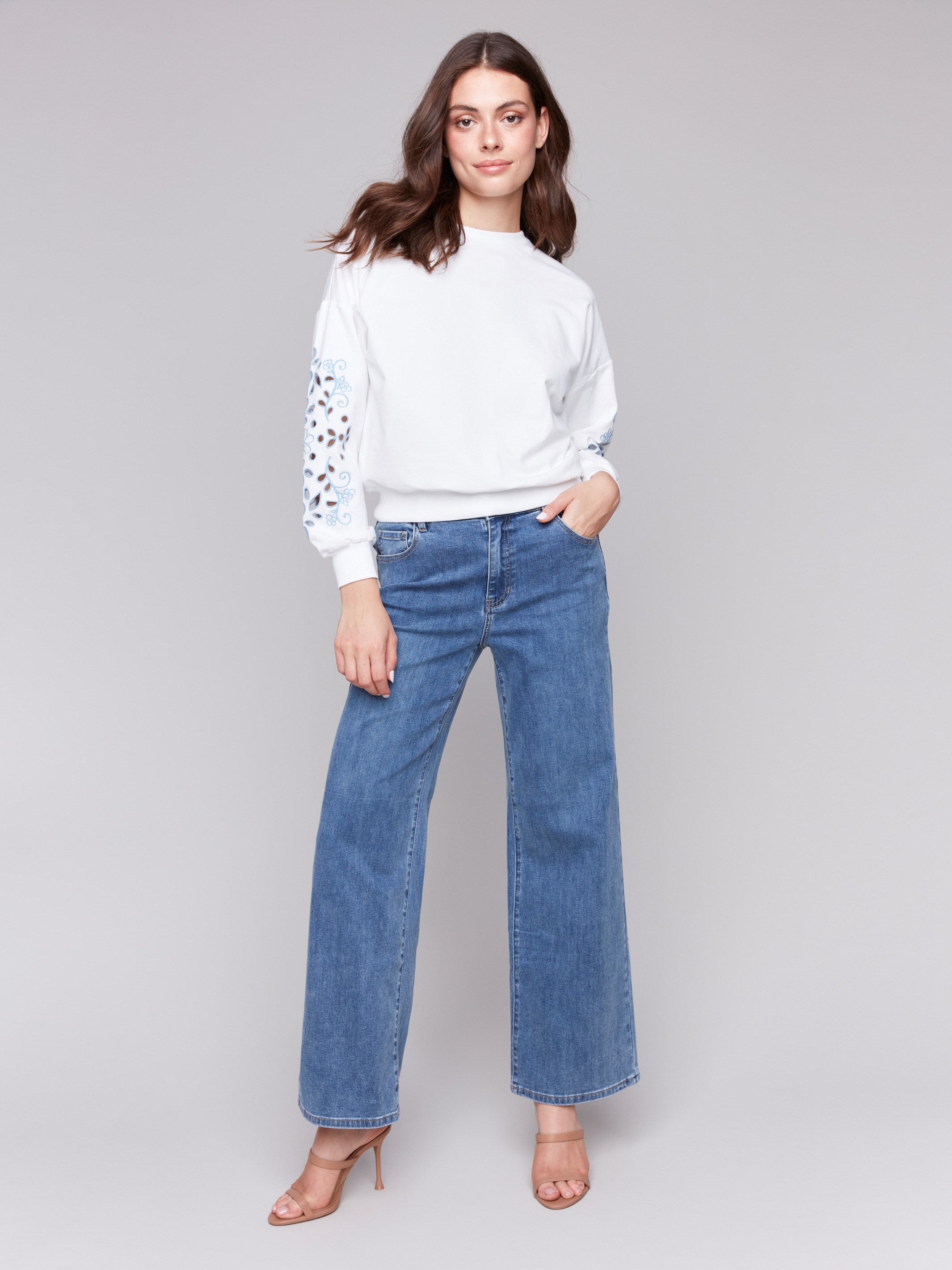 French Terry Sweatshirt with Embroidered Sleeves - Soft Cotton Pullover for Women & Men | Cozy Casual Wear for Fall & Winter | White