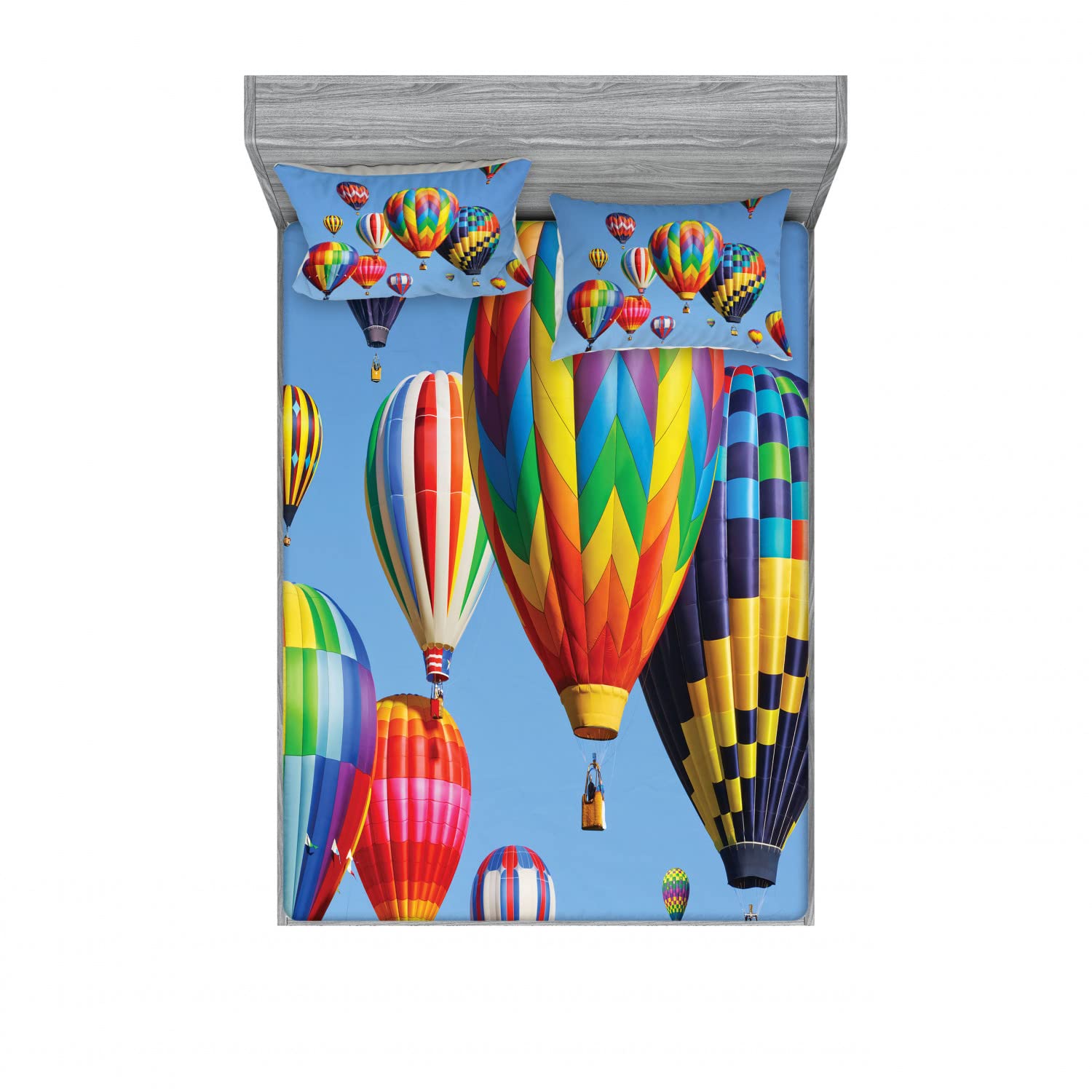 Ambesonne Balloon 2-Pack Queen Size Fitted Sheet Set with 4 Pillow Shams - Colorful Air Travel Themed Bedding Decor for Adults - Vibrant Multicolor Design - Perfect for Guest Rooms, Kids' Bedrooms & Themed Parties
