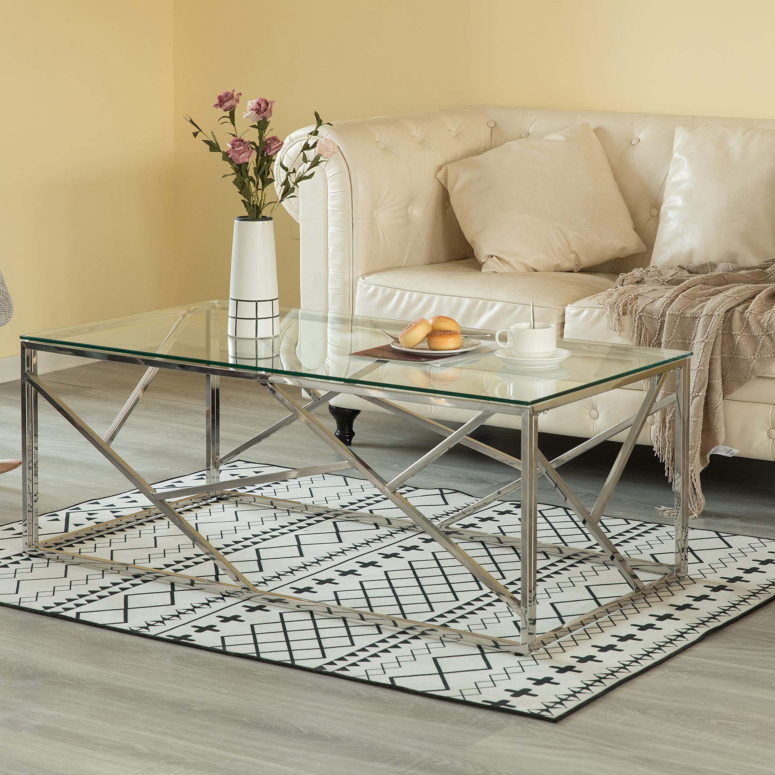Modern Silver Rectangular Glass Top Metal Coffee Table - Stylish & Durable Living Room Furniture for Home Decor