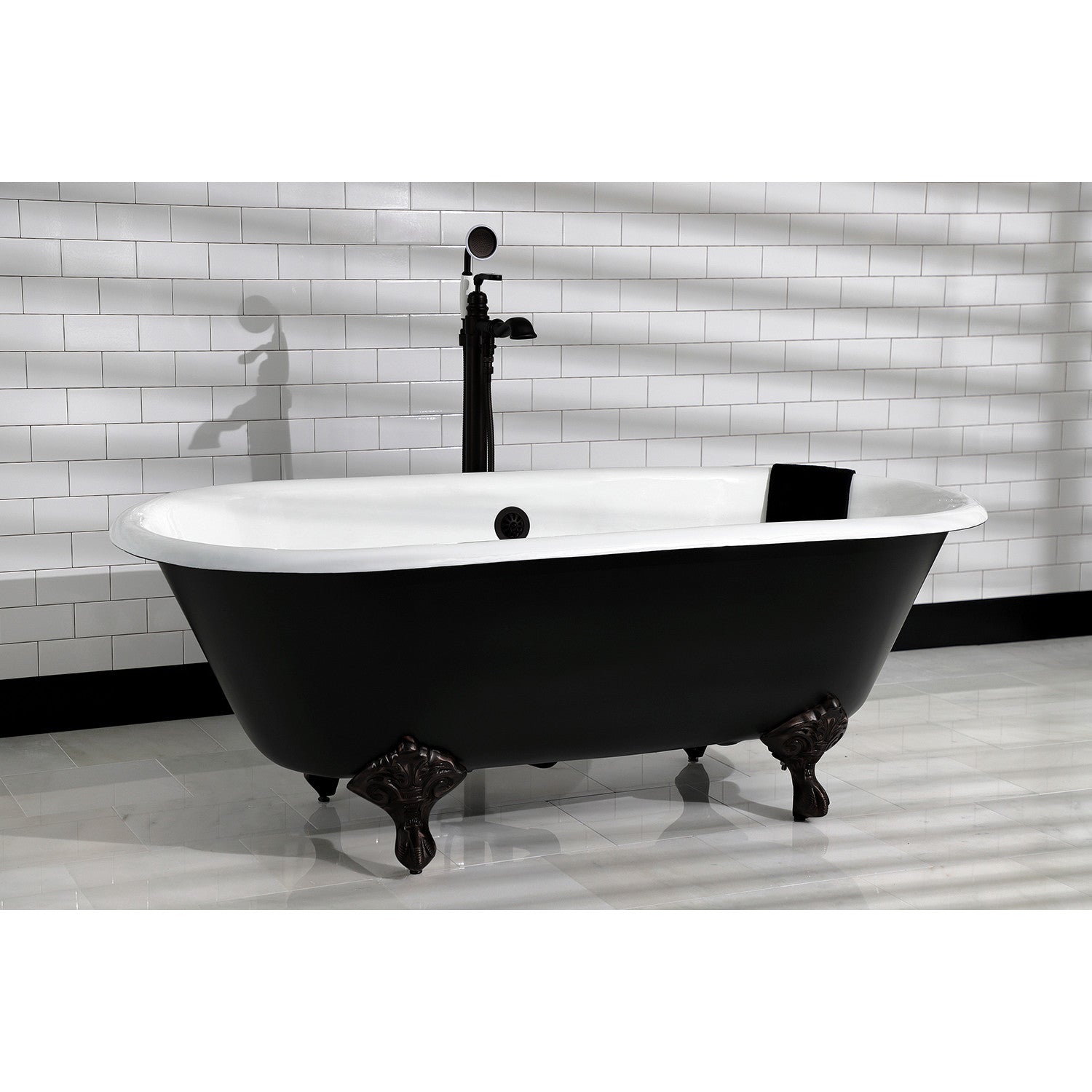 Aqua Eden 66 Inch Cast Iron Oval Double Ended Clawfoot Bathtub - No Faucet Drillings - Black/White/Matte Black - Vintage Style Freestanding Tub for Bathroom Remodel & Luxury Spa Experience