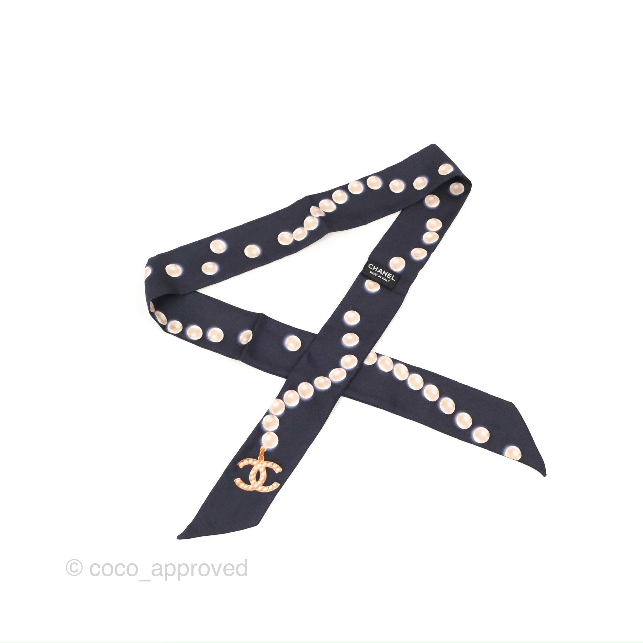 Chanel CC Pearl Print Silk Twilly Scarf - Elegant Black Luxury Fashion Accessory for Women | Perfect for Handbags, Hats & Gift Giving