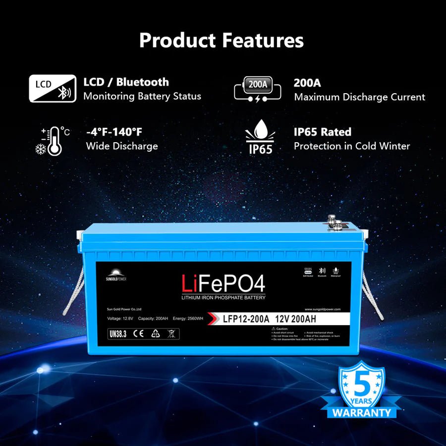 SunGoldPower 12V 200AH LiFePO4 Deep Cycle Lithium Battery with Bluetooth, Self-Heating & IP65 - Perfect for RVs, Solar Systems, Marine & Off-Grid Power Storage