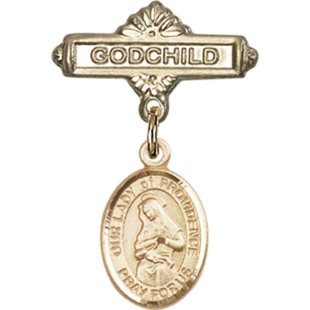 Gold Filled Baby Badge Pin with Our Lady of Providence Charm - 1 X 5/8 Inch Godchild Gift for Baptism, Christening & First Communion - Religious Jewelry for Infants & Toddlers