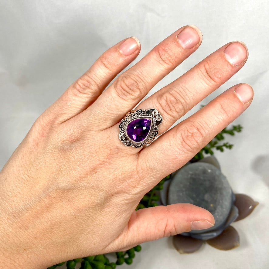 Boho Style Amethyst Teardrop Ring - Size 8 - KRGJ2773 | Elegant Purple Gemstone Jewelry for Women, Perfect for Weddings, Parties & Everyday Wear