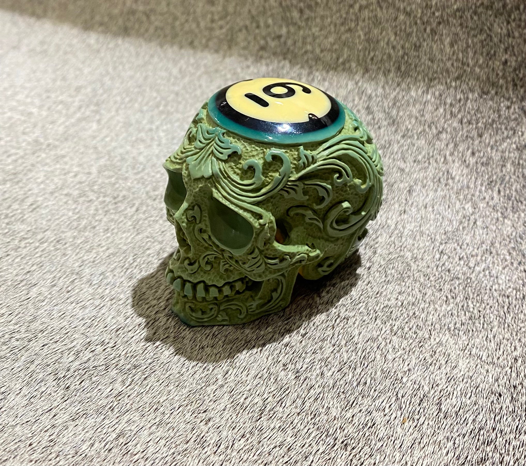 Hand-Carved Flower Pool Ball Skull #6 - Unique Billiard Accessory for Game Room Decor & Halloween Party Props