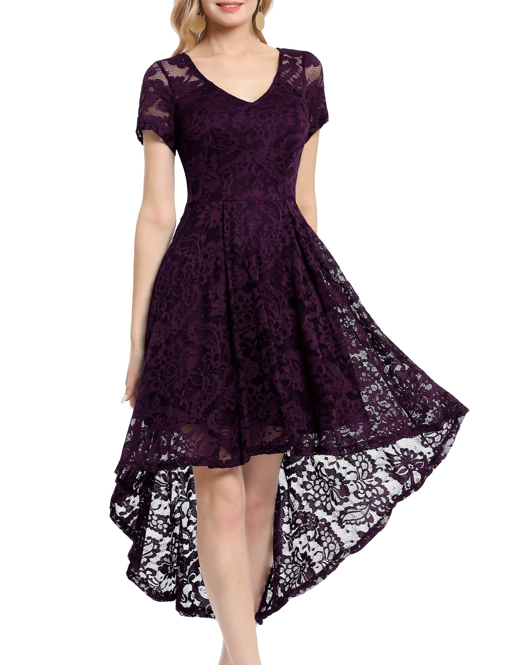 MUADRESS Women's Vintage Floral Lace Cocktail Dress | V-Neck Hi-Lo Party Dress for Evening Events, Weddings & Special Occasions